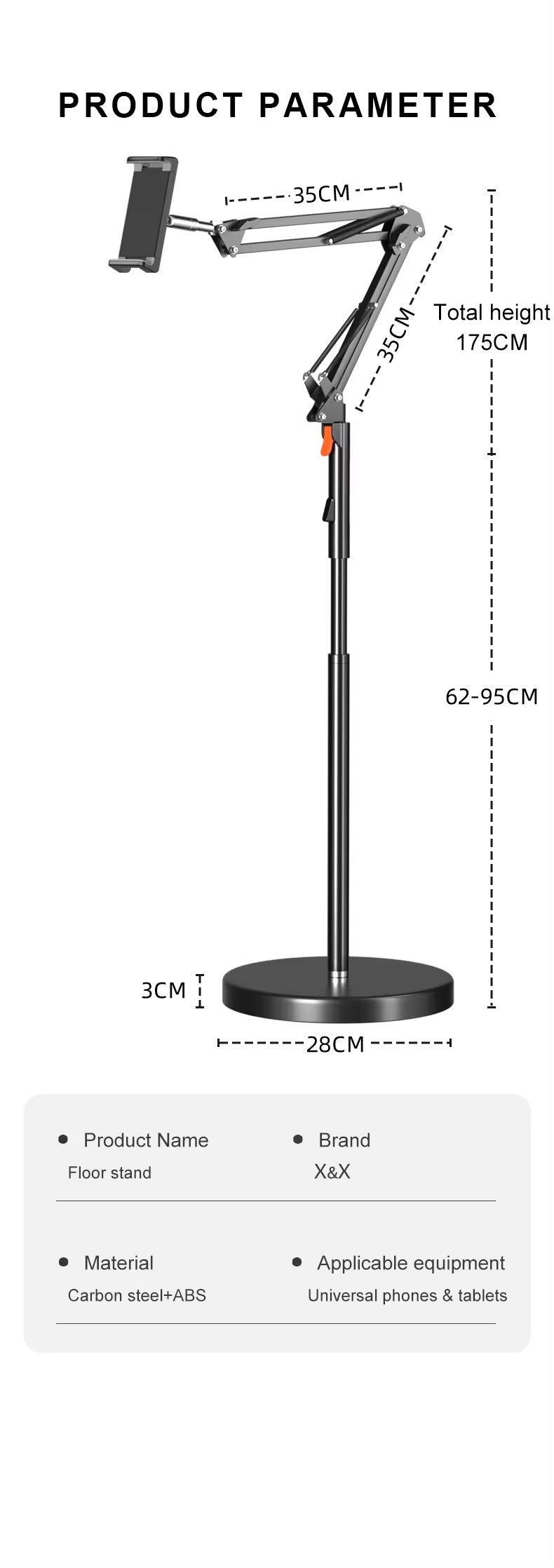 X&X 1.75m Adjustable Aluminum Phone & Tablet Floor Stand - 360° Flexible Arm Lazy Bed Holder for iPhone, iPad, Samsung - Perfect for Watching Movies, Gaming & Reading in Bed or Living Room