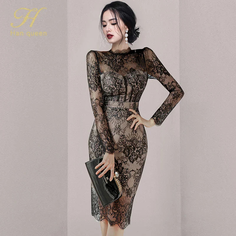 Elegant Korean Fashion Lace Crochet Flower Pencil Dress for Women - See Through Autumn Party Dress, Casual & Formal Occasions
