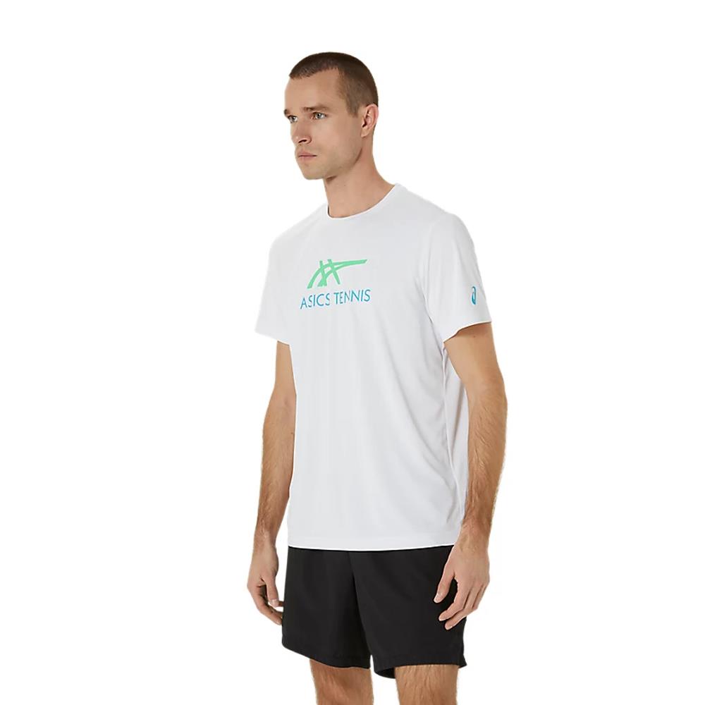 ASICS Men's Court Graphic Tee - Breathable Cotton Short Sleeve Tennis Shirt for Men | Brilliant White/New Leaf | Perfect for Tennis, Gym & Casual Wear