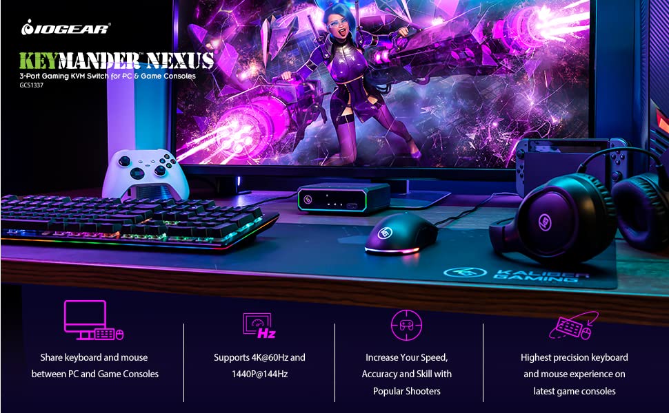 IOGEAR Nexus 3-Port 4K HDMI KVM Switch for PC & Gaming Consoles - PS5, Xbox Series X/S, Nintendo Switch - 1440P@144Hz, 1080P@240Hz (GCS1337) | Perfect for Multi-Device Gaming & Work Setup