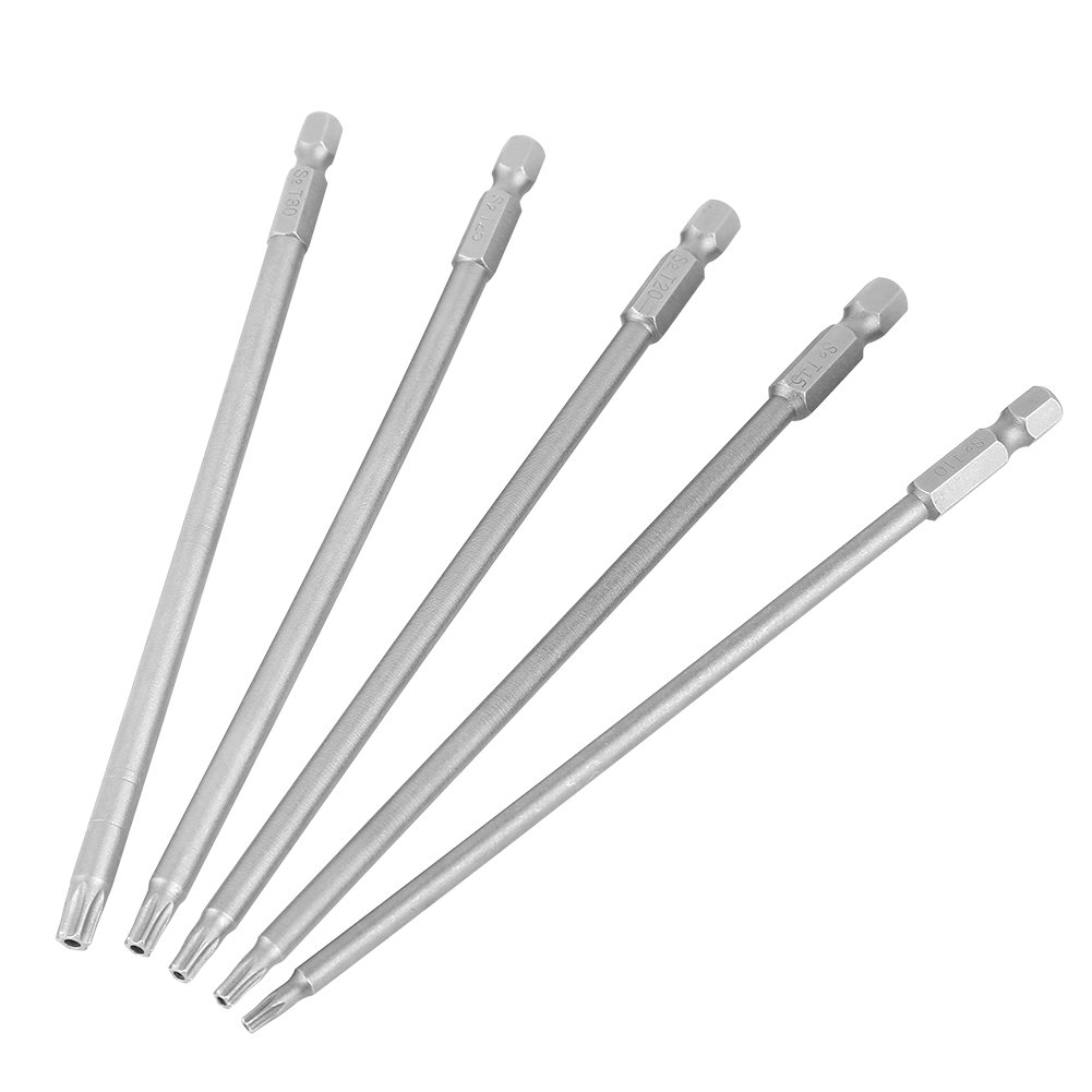 5Pcs T10-T30 Magnetic Star Torx Screwdriver Bits Set - 150mm Long 1/4