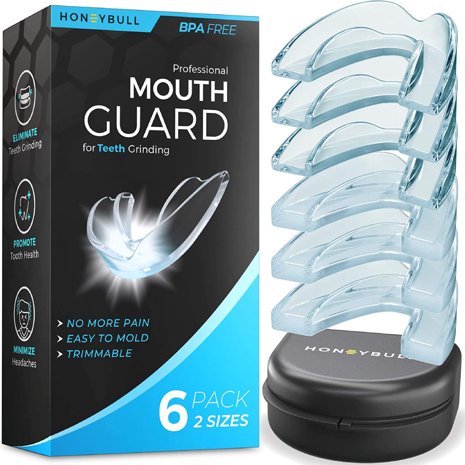 HONEYBULL 6-Pack Teeth Grinding Mouth Guard for Nighttime Clenching & Bruxism Relief | Custom Moldable Dental Guard for Light & Heavy Grinders | Whitening Tray Alternative | Perfect for Sleep, Sports & TMJ Protection