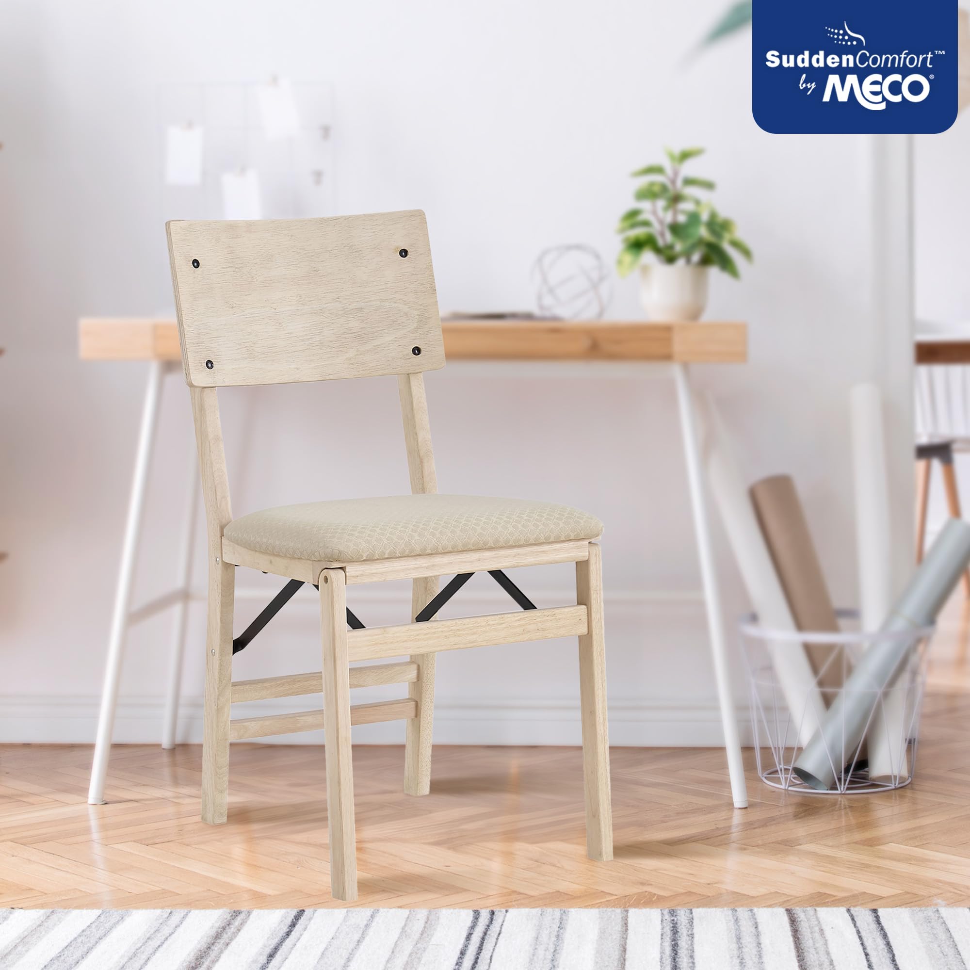 Premium Solid Wood Folding Dining Chair Set of 2 - MECO Stakmore Aztec Curved Back with Fabric Padded Seat - Perfect for Small Spaces, Kitchen, Dining Room & Home Office - Unfinished Wood Finish