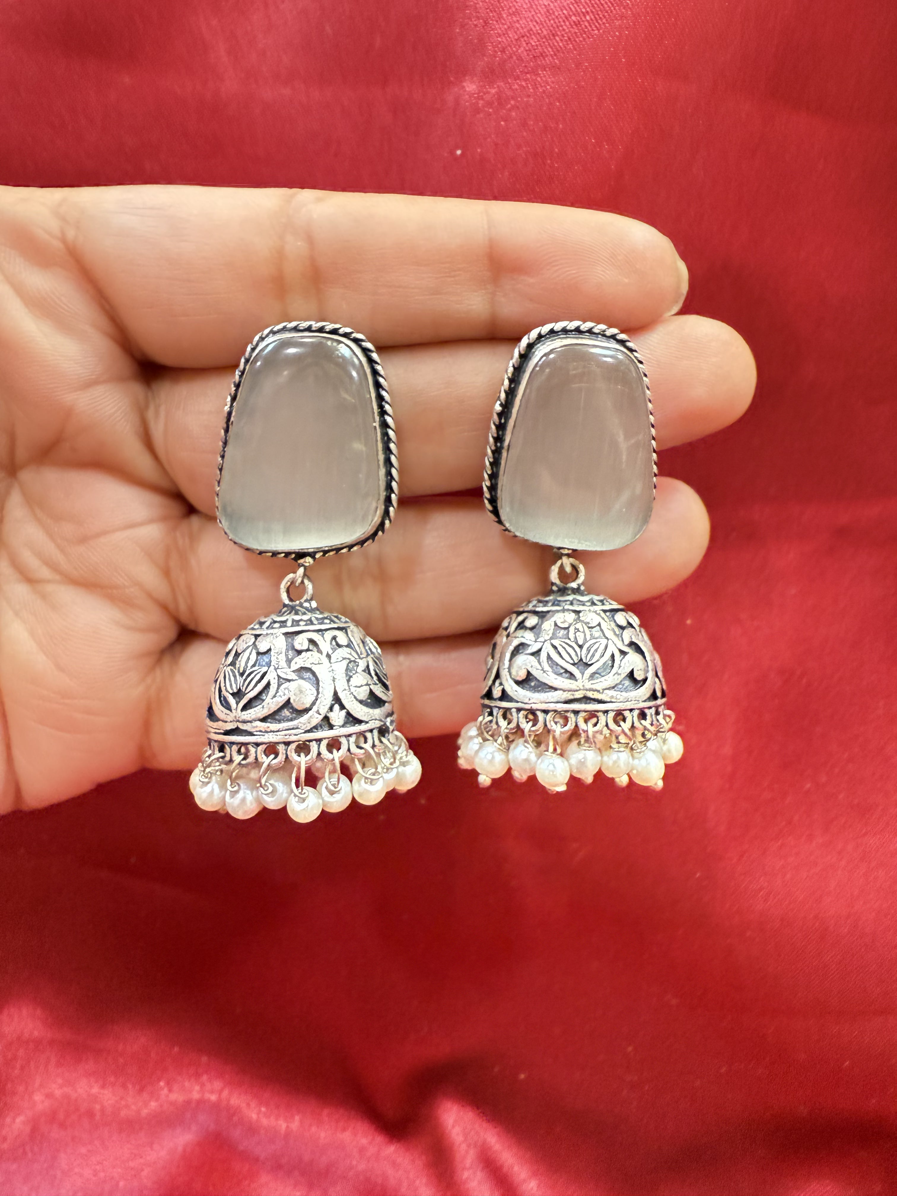 Elegant Oxidized Gray Stone Jhumka Earrings with White Bead Dangles - Perfect for Weddings, Parties & Boho Fashion
