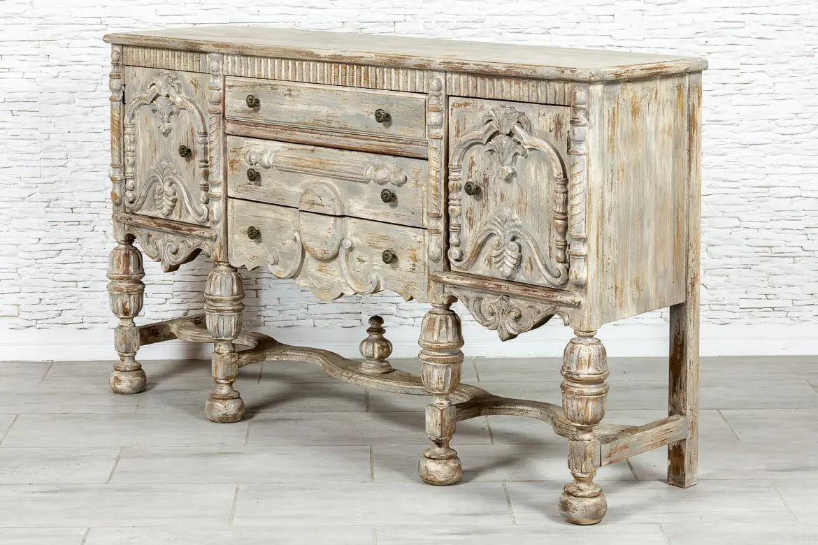 French Arched Hand Carved Indian Solid Wood Console Table - Grey 02 - Elegant Entryway Furniture for Hallway, Living Room & Foyer Decor