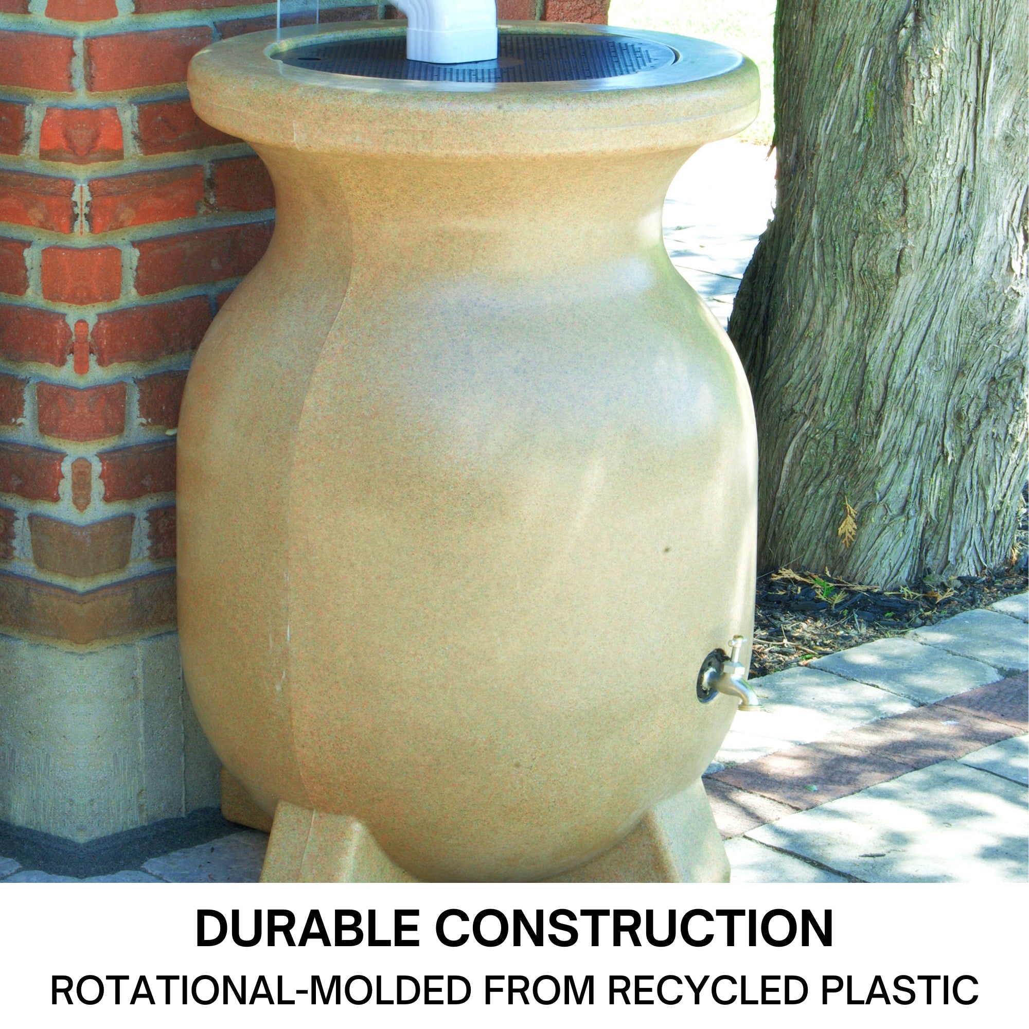 Koolscapes 55 Gallon Rain Barrel - Sandstone Look Rainwater Collection Urn for Outdoor Water Storage | Sustainable Watering Solution for Lawn, Plants & Gardens | Durable Recycled Plastic with Brass Spigot | Perfect for Eco-Friendly Home Gardening & Landscaping | Beige Design
