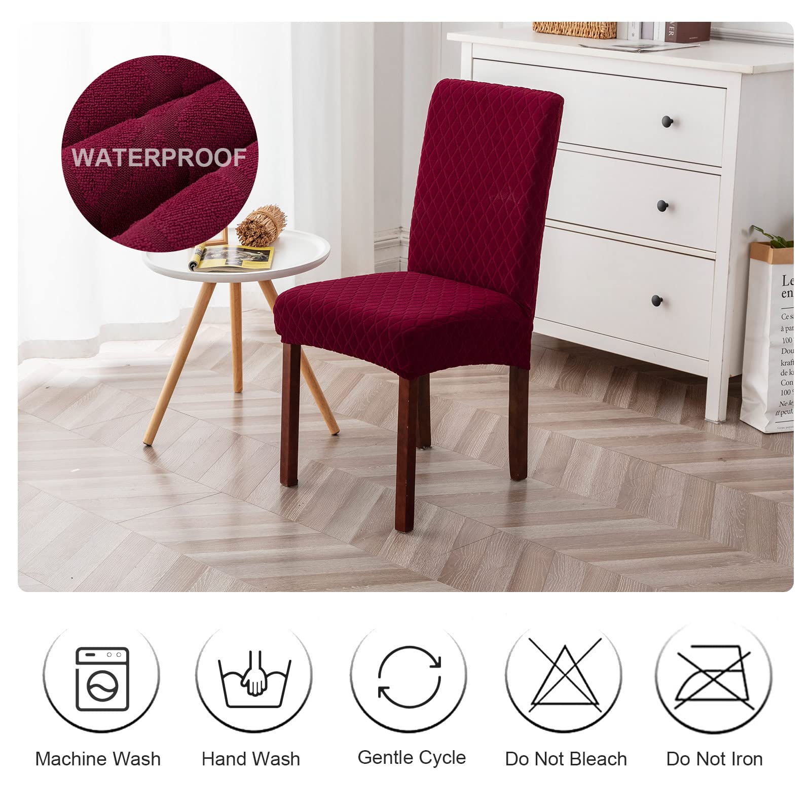 Waterproof Stretch Jacquard Dining Chair Covers - 6 Pack Removable Washable Slipcovers for Kitchen, Restaurant, Hotel (Argyle-Wine Red) | Spill Protection & Home Decor Upgrade