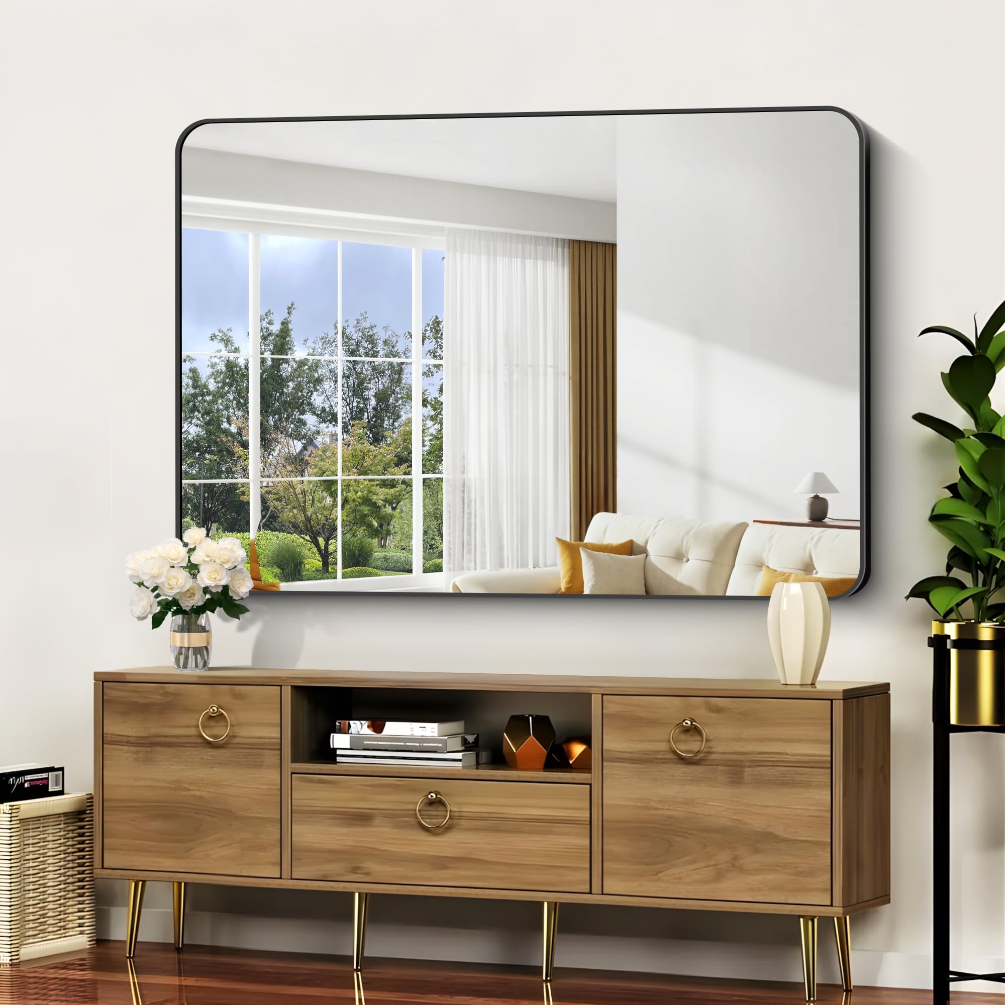 55x36 Inch Black Rectangle Bathroom Mirror with Metal Frame - Large Wall Mounted Vanity Mirror with Rounded Corners for Over Sink, Bedroom & Living Room - Perfect for Makeup, Shaving & Home Decor