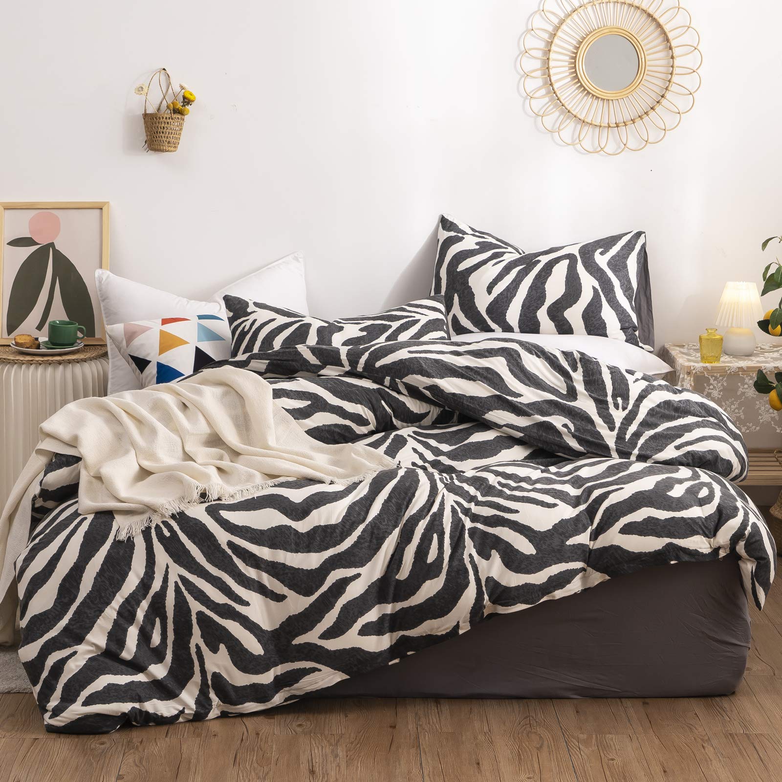 Zebra Duvet Cover Set Twin Size 100% Cotton - Black and White Animal Print Leopard Comforter Cover with Zipper & Ties + 2 Pillowcases - Soft Bedding for Kids, Teens, Boys & Girls - Perfect for Jungle Themed Rooms, Kids Bedrooms & Wild Animal Decor