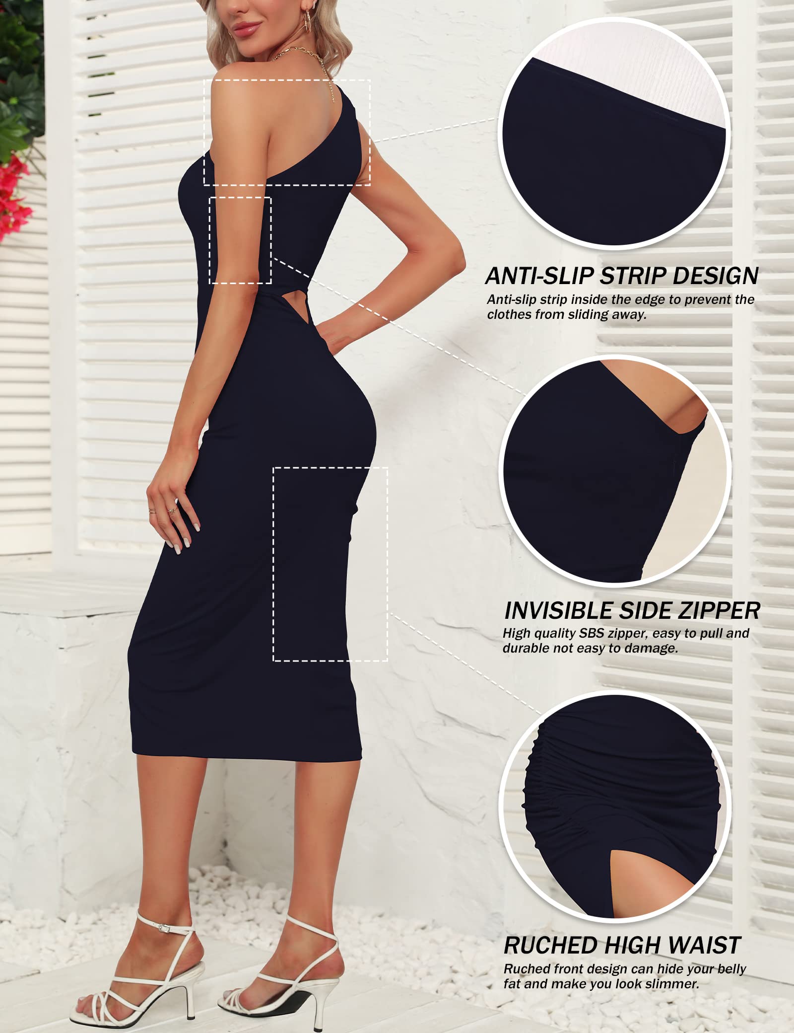 Sarin Mathews Women's One Shoulder Ruched Bodycon Dress - Sexy Sleeveless Slit Midi Cocktail Dress for Party, Wedding Guest & Evening Events | Perfect for Night Out, Date Night & Special Occasions