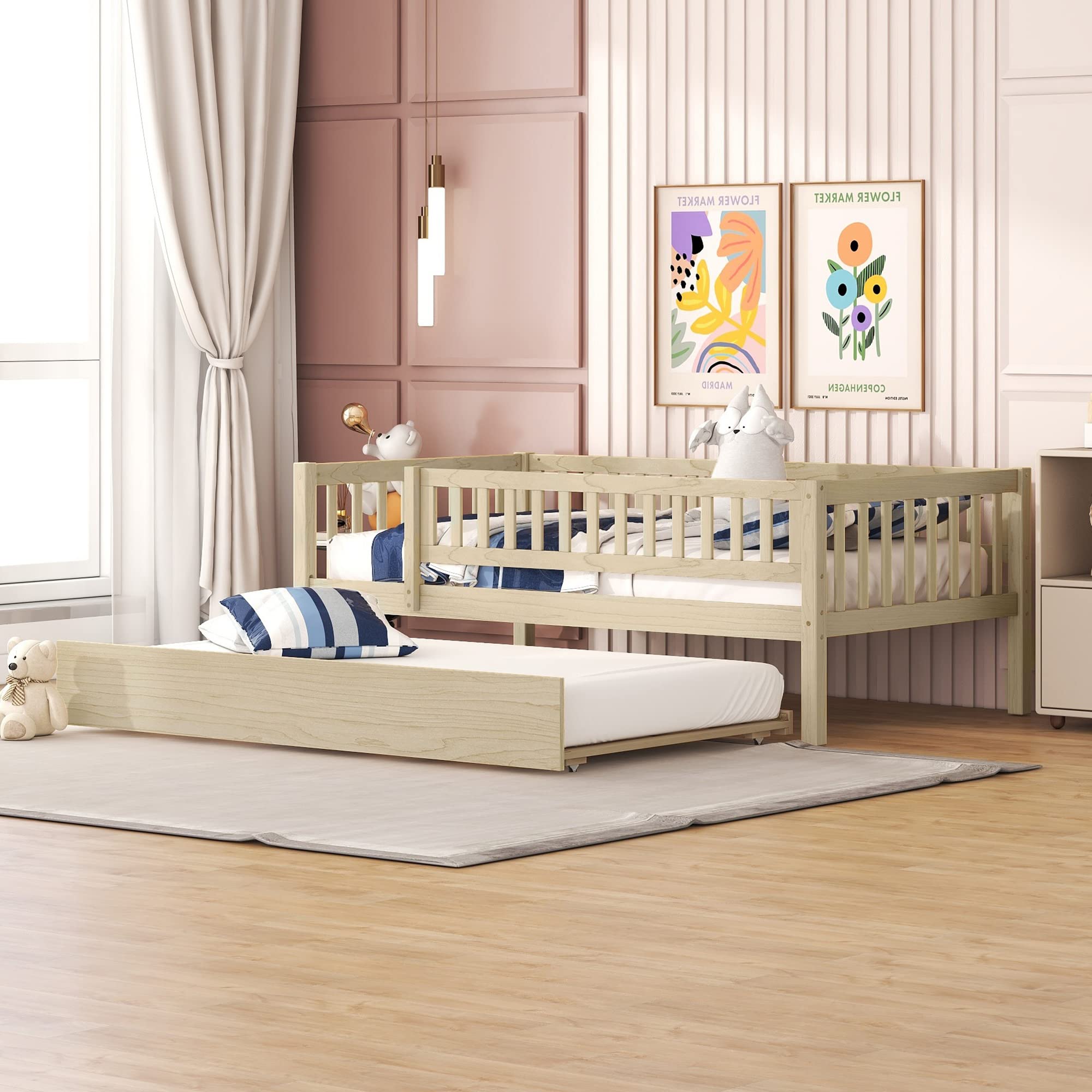 Montessori Twin Size Wooden Toddler Daybed with Safety Fence & Trundle - Low Bed Frame with Guard Rails for Kids, Boys & Girls - Natural Wood Finish - Perfect for Daytime Naps, Playroom & Montessori Bedrooms