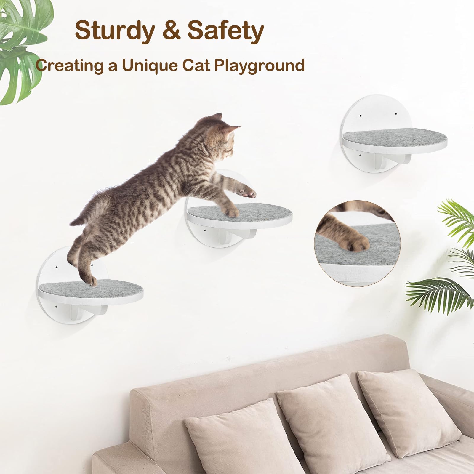 Y&ME YM 3-Packs Wall Mounted Cat Climbing Shelves with Scratching Pad - Multi-Level Cat Steps, Ladder & Furniture for Sleeping, Climbing & Play - Perfect for Small Spaces & Cat Enrichment (White)