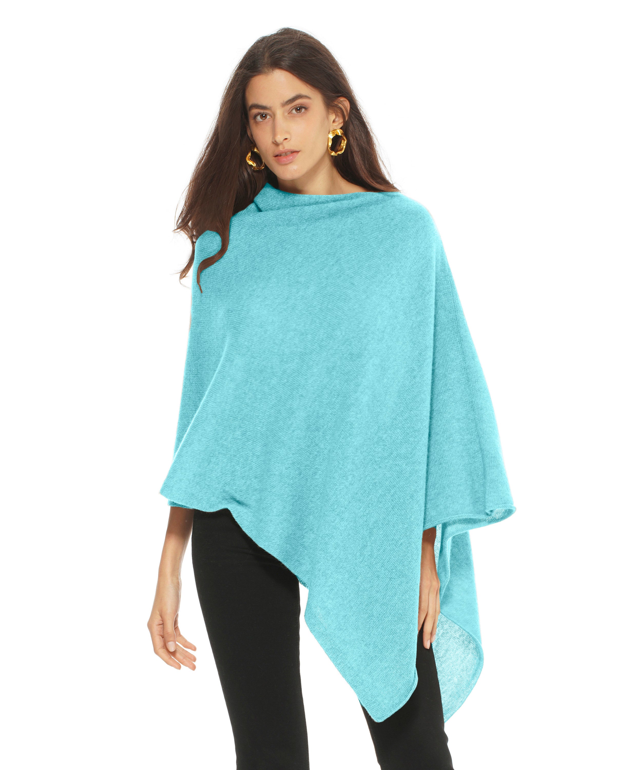Luxury Women's Pure Cashmere Poncho - Soft & Warm Winter Wrap Shawl - Elegant Cyan Blue for Fall & Winter Fashion, Travel & Outdoor Activities