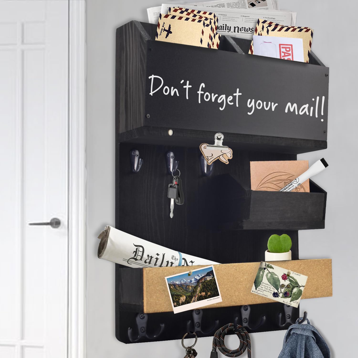 Wall Mounted Mail and Key Organizer with Shelf, Chalkboard & Corkboard - Key Hooks & Mail Holder for Home, Office & Entryway Organization (Midnight Black) | Perfect for Small Spaces, Apartments & Clutter-Free Living