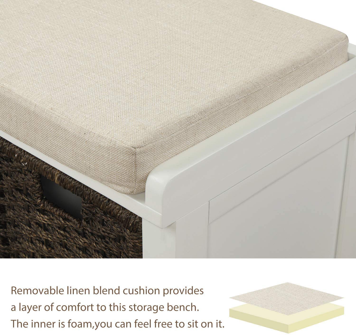 Rustic Storage Bench with 3 Basket Drawers - Entryway Shoe Bench with Cushioned Seat for Hallway, Living Room & Bedroom (White) - Perfect for Organizing Shoes, Toys & Home Decor