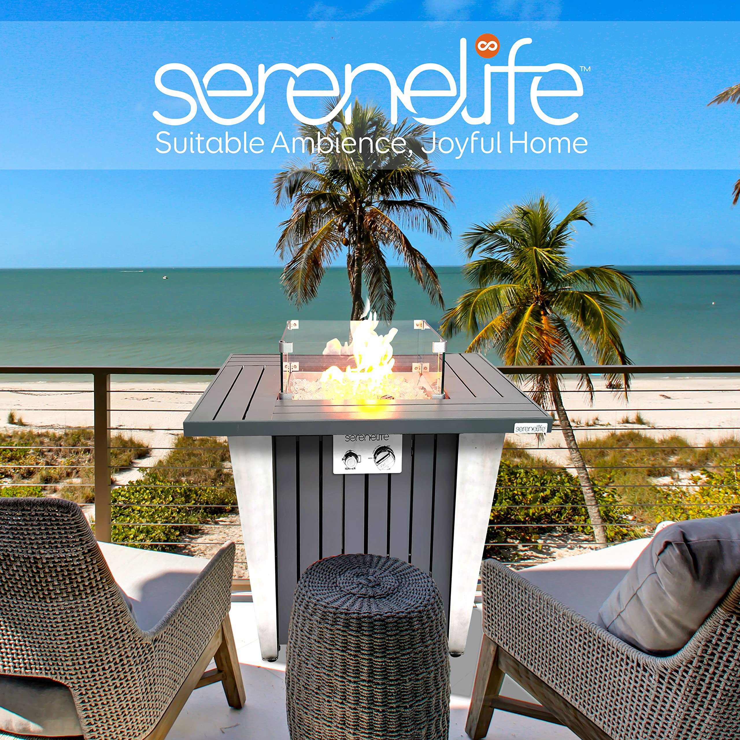 SereneLife Outdoor Propane Fire Pit Table - CSA/ETL Certified 50,000 BTU Square Gas Fire Table with Adjustable Flame, Pulse Ignition & Weatherproof Design - Includes Glass Wind Guard & Fire Glass Rocks - Perfect for Patio, Backyard, Deck & Outdoor Gatherings - SLFPX69