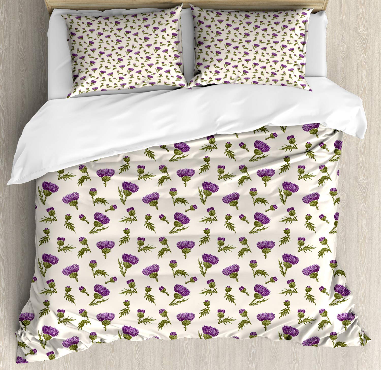 Ambesonne King Size 3-Piece Duvet Cover Set with 2 Pillow Shams - Purple & Yellow Thistle Wildflower Design, Ivory Violet Fern Green - Soft Decorative Bedding for Master Bedroom, Guest Room, or Dorm