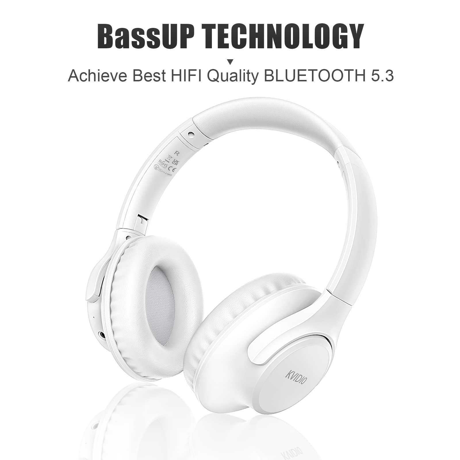 KVIDIO Wireless Bluetooth Over-Ear Headphones with Microphone - 65 Hours Playtime, Foldable Lightweight Design, Deep Bass & HiFi Stereo Sound - Perfect for Travel, Work, Gaming & Phone Calls (White)