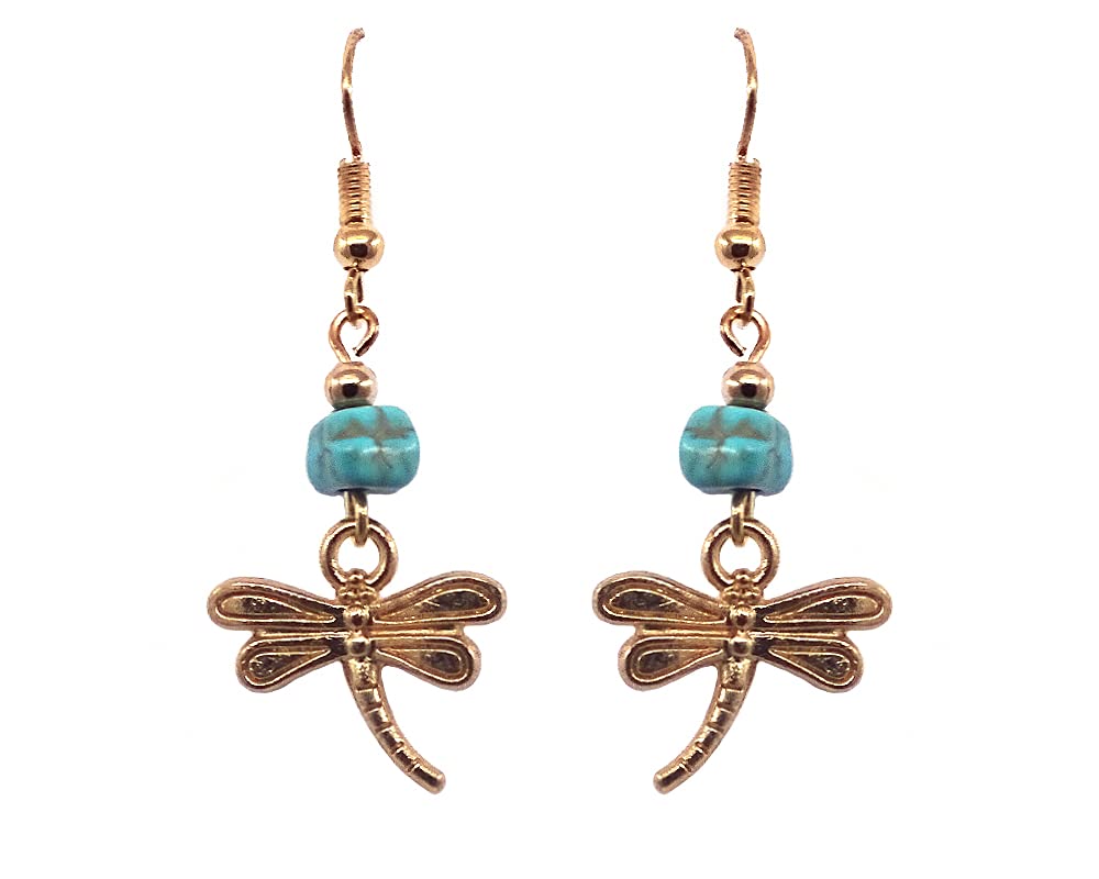 Handmade Gold Dragonfly Dangle Earrings with Turquoise Stone - Boho Chic Women's Jewelry for Party, Wedding & Everyday Wear