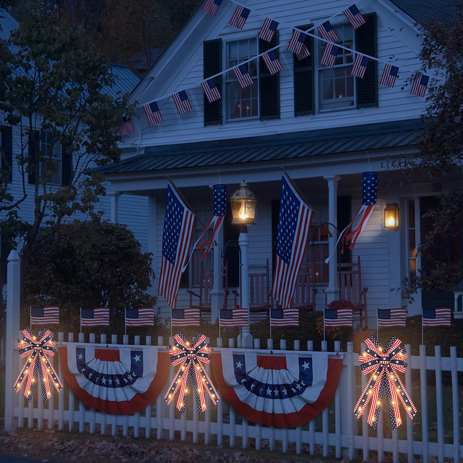 Patriotic LED Wreath Bows - Red White & Blue Burlap Bows with Battery Operated LED Lights - American Flag Stars & Stripes Farmhouse Decor for 4th of July, Memorial Day - Perfect for Front Door, Wreath, and Patriotic Home Decorations