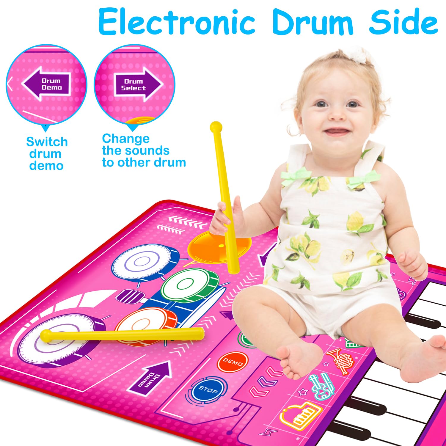 Musical Play Mat for 1-2 Year Old Girls - Piano Keyboard & Drum Toy Gift for Birthday & Easter