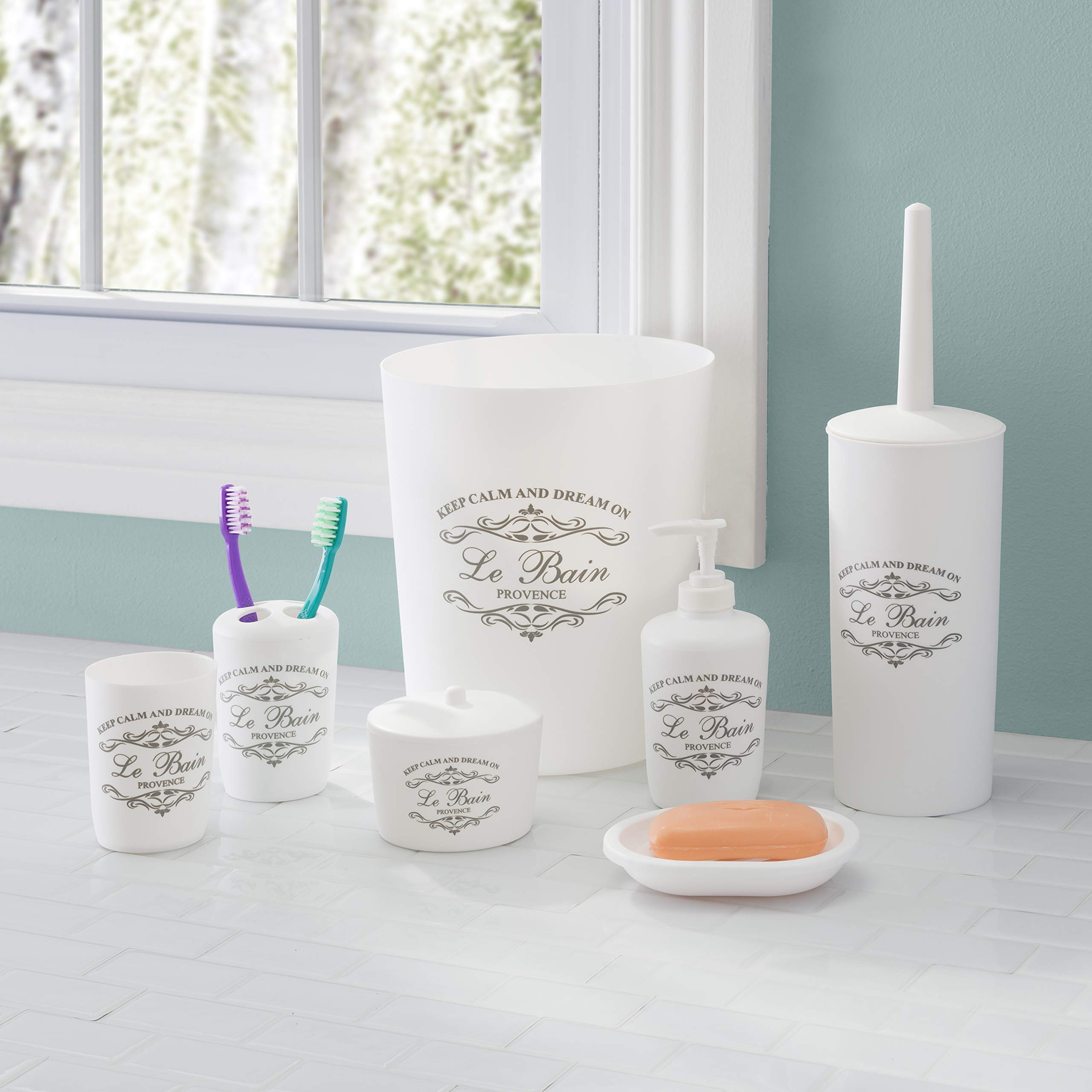 7-Piece Paris Bathroom Set (White) by Home Basics - Plastic Bathroom Accessories Kit with Tumbler, Toothbrush Holder, Soap Dish, Lotion Dispenser, Cotton Ball Holder, Toilet Brush Holder & Wastebasket - Perfect for Modern Bathroom Decor & Organization