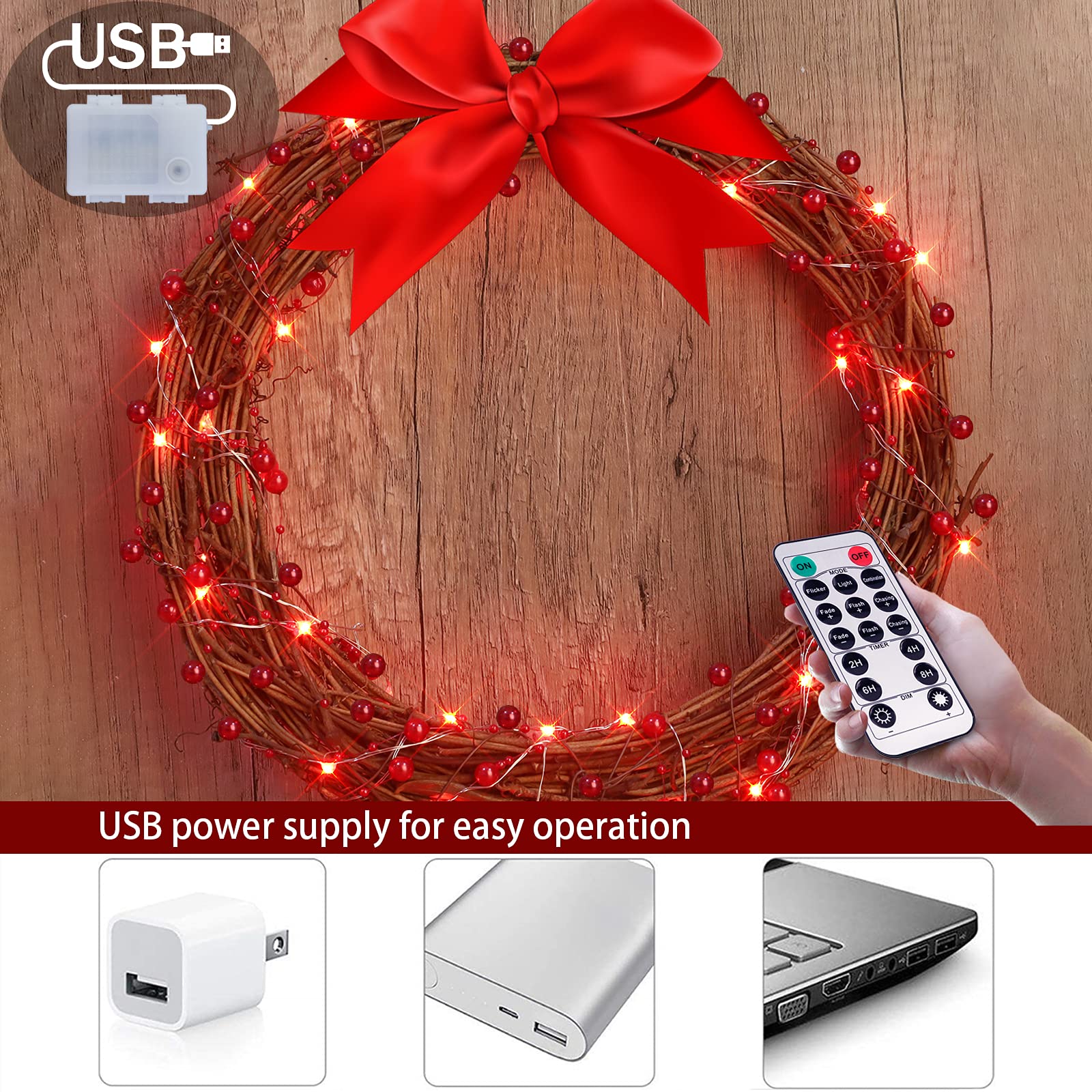Impress Life Ocean Pearl Beads String Lights - 10ft 40 LED Fairy Lights with 8 Lighting Modes & Timer, Waterproof for Indoor Outdoor Christmas Wedding Valentine's Day Party Decor (Red) - Perfect for Bedroom, Garden, Patio, and Holiday Home Decoration