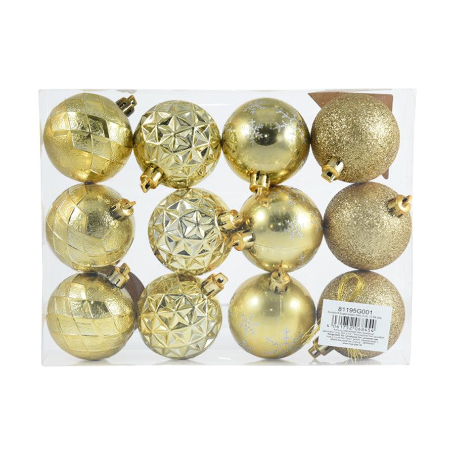 INGE Goodz 12-Piece Gold Ornament Ball Set - 6cm Christmas Tree Decorations for Holiday, Party & Home Decor