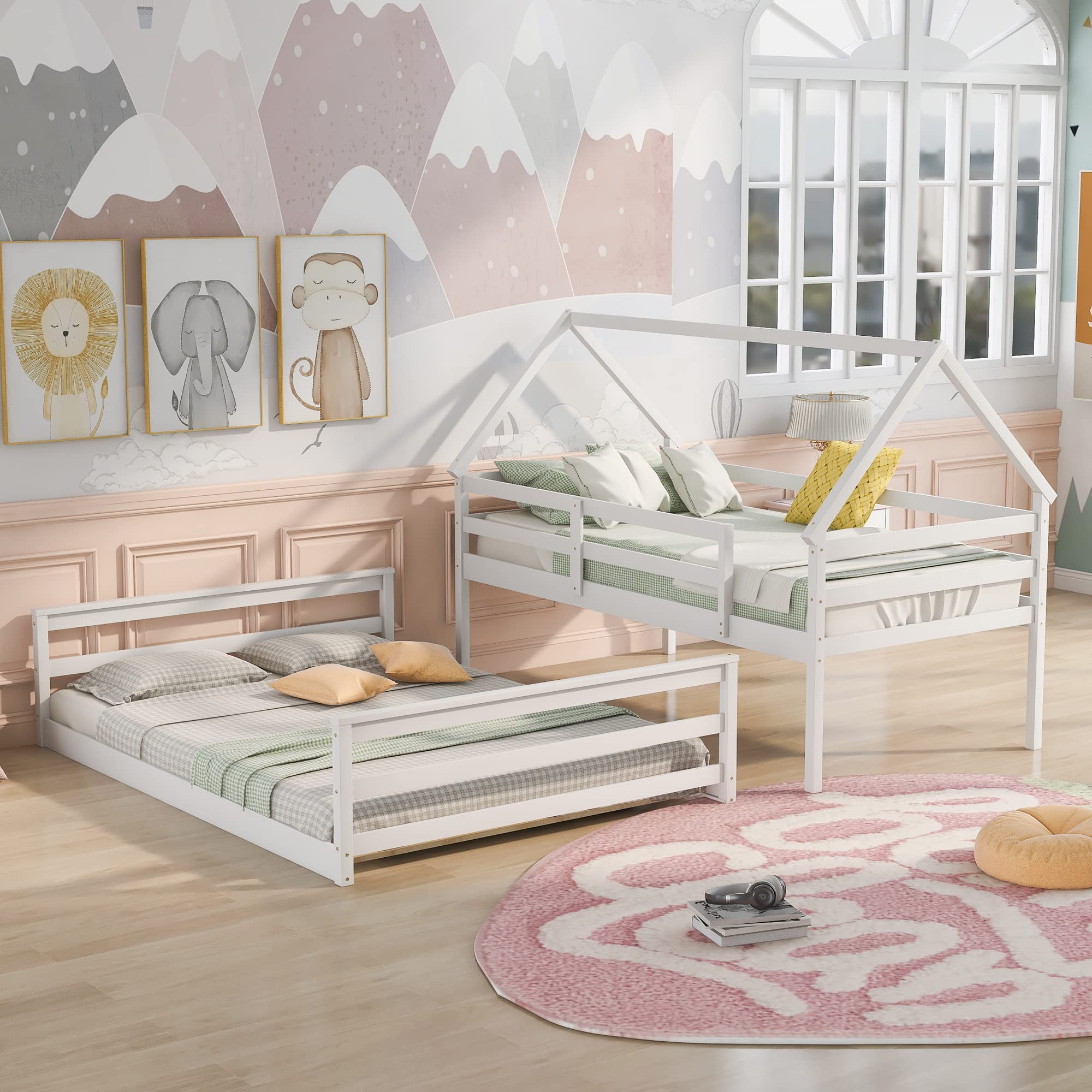 Low Bunk Bed Twin Over Full with Built-in Ladder - Sturdy Wooden Bunk Bed Frame for Kids & Teens - Space-Saving Bedroom Furniture for Small Rooms & Shared Kids' Rooms - White