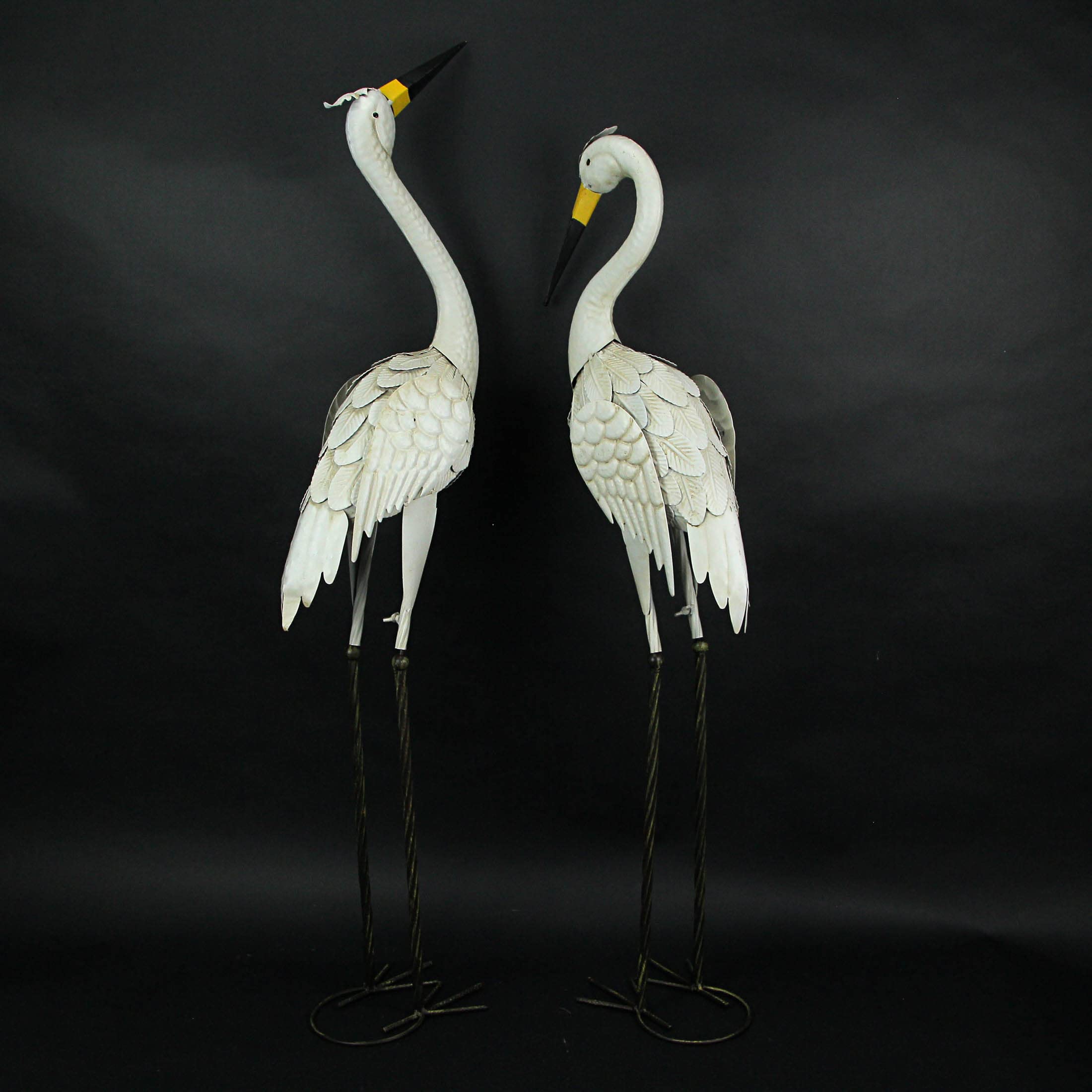 Premium Set of 2 White Heron Metal Garden Sculptures - 45.5
