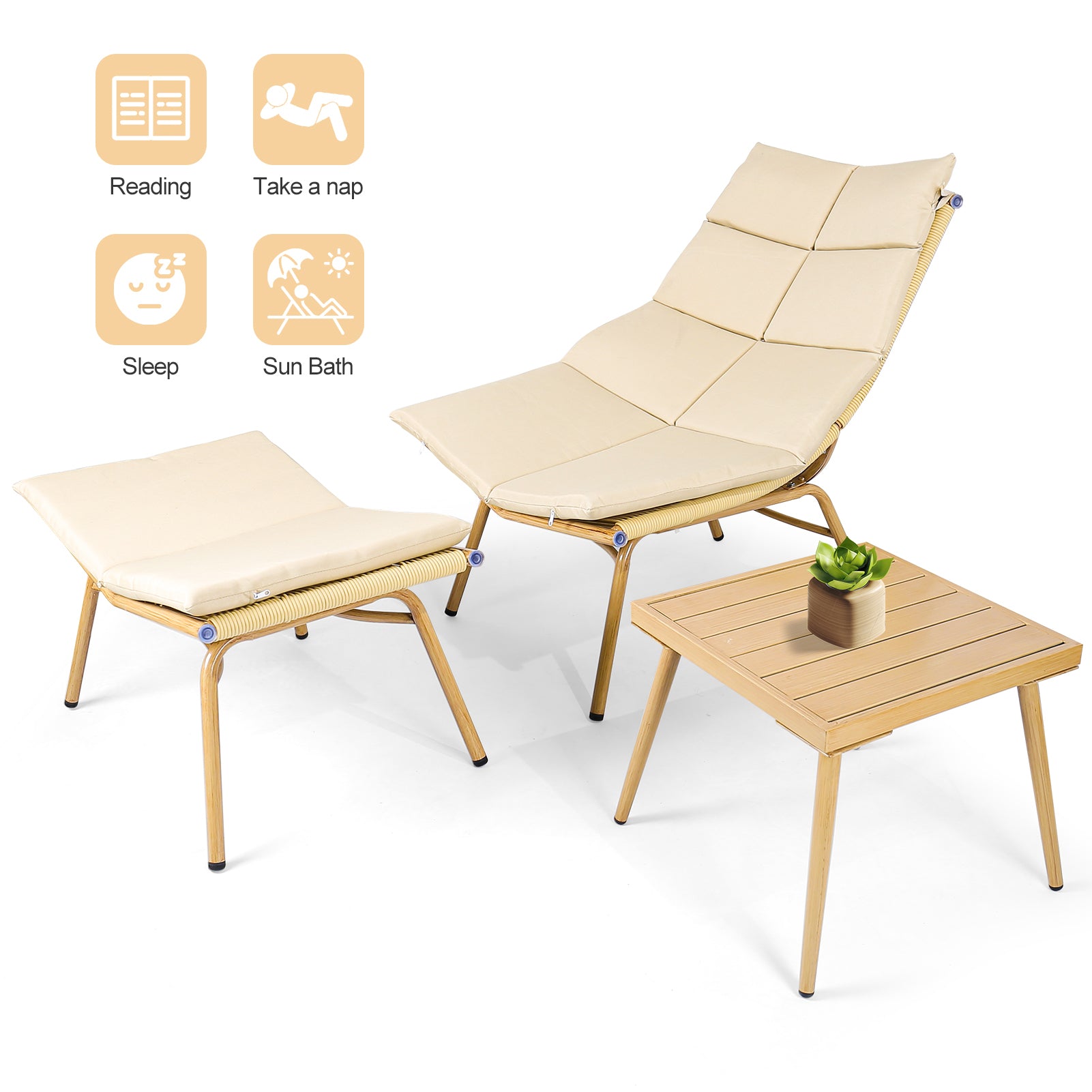 Wooden Chaise Lounge Chair with Side Table - Indoor & Outdoor Alloy Frame Recliner (380lbs Capacity) - Perfect for Camping, Gaming, Lunch Breaks, Garden Parties & Sunbathing