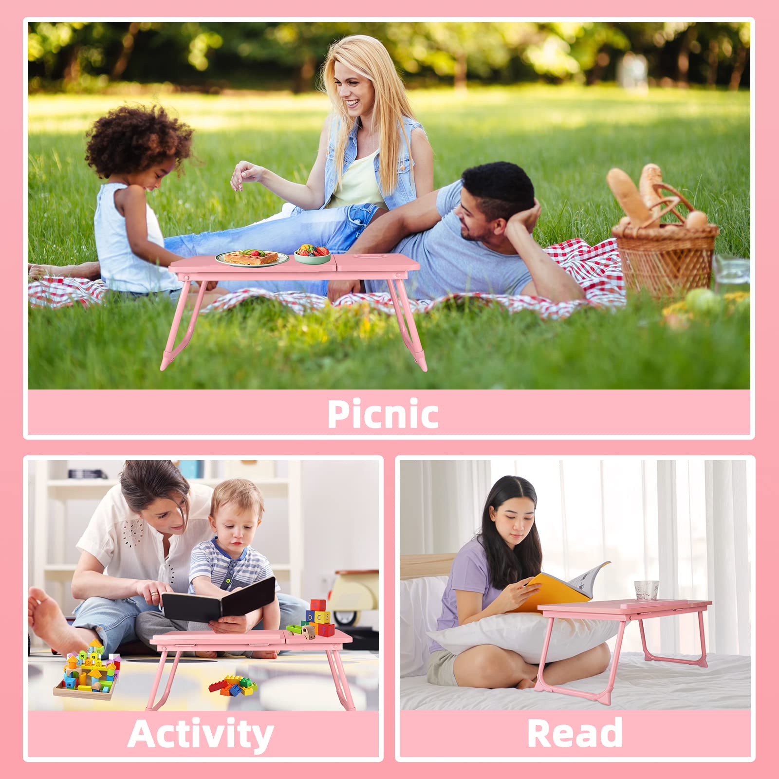 Pink Folding Laptop Desk for Bed & Couch - Adjustable Lap Desk with Cup Holder for Home Office, Breakfast Tray, Watching Movies - Portable Workstation for Comfortable Computing in Bed or Sofa