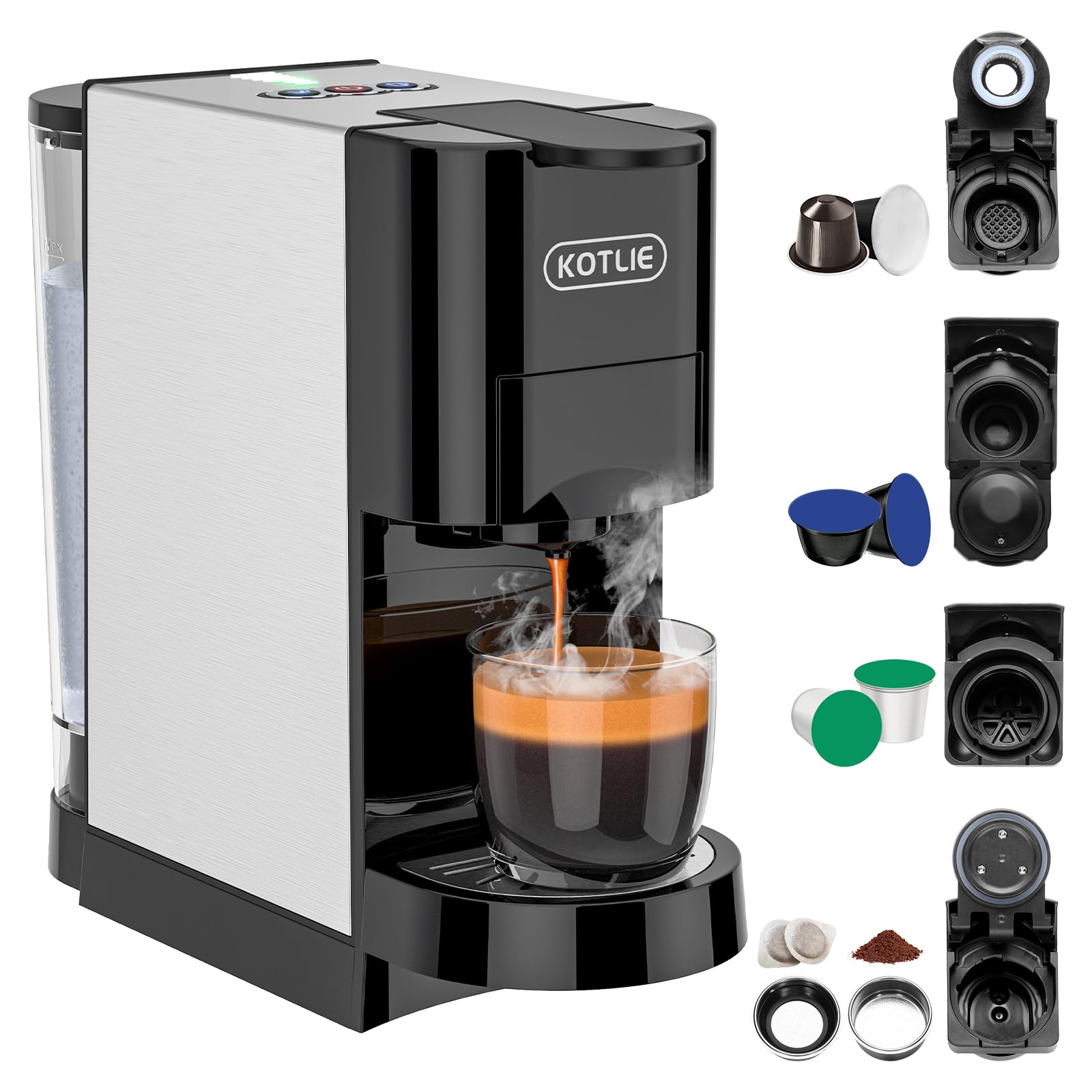 KOTLIE 19Bar Single Serve Coffee Maker - 5-in-1 Espresso Machine Compatible with Keurig K-Cups, Nespresso Original, Dolce Gusto, Ground Coffee & 44mm ESE Pods - 7 Water Levels - Hot & Cold Brew Coffee Machine for Home, Office or Dorm Use