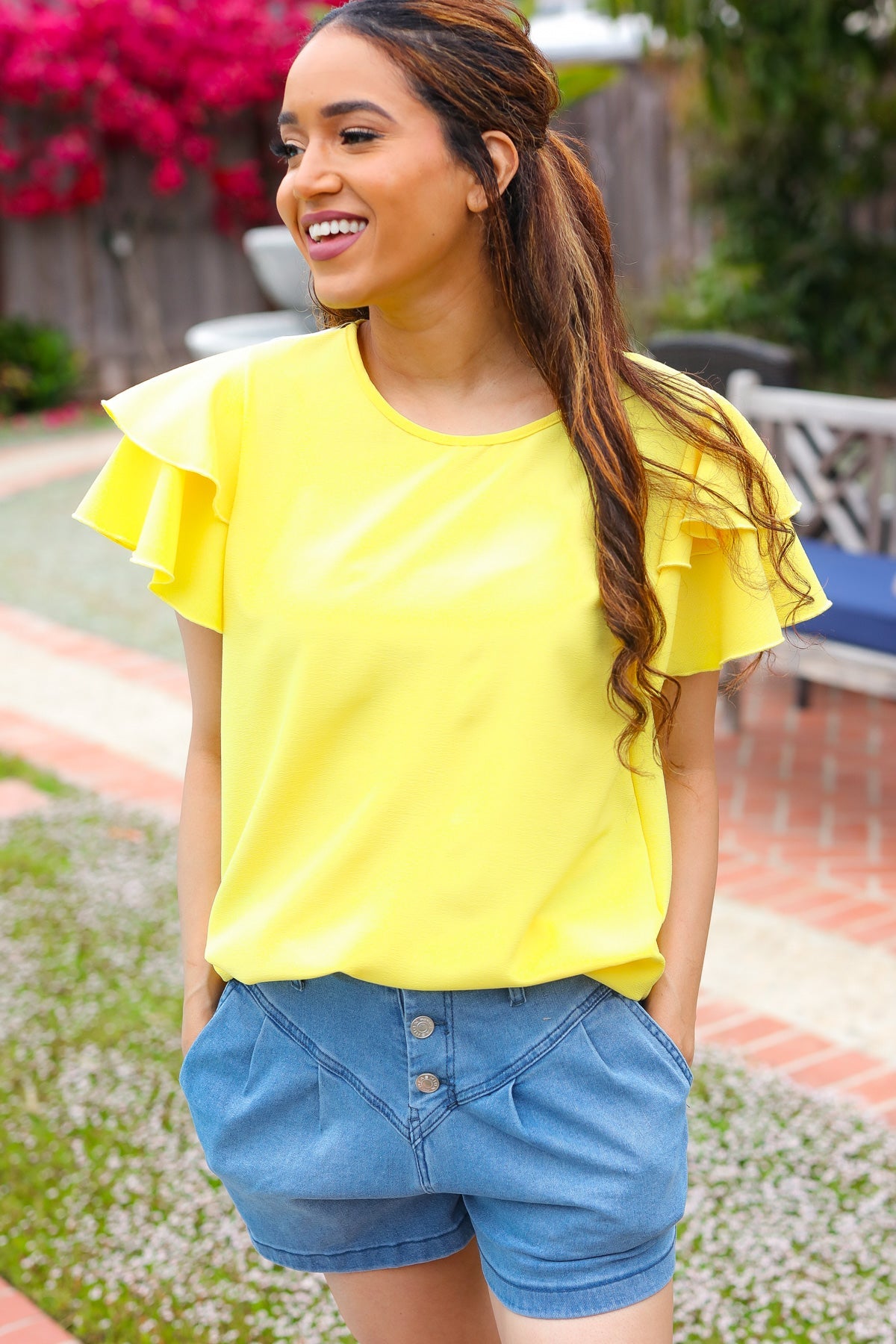 Stylish Yellow Tiered Double Ruffle Sleeve Blouse for Women - Perfect for Spring Outfits, Date Nights & Office Wear