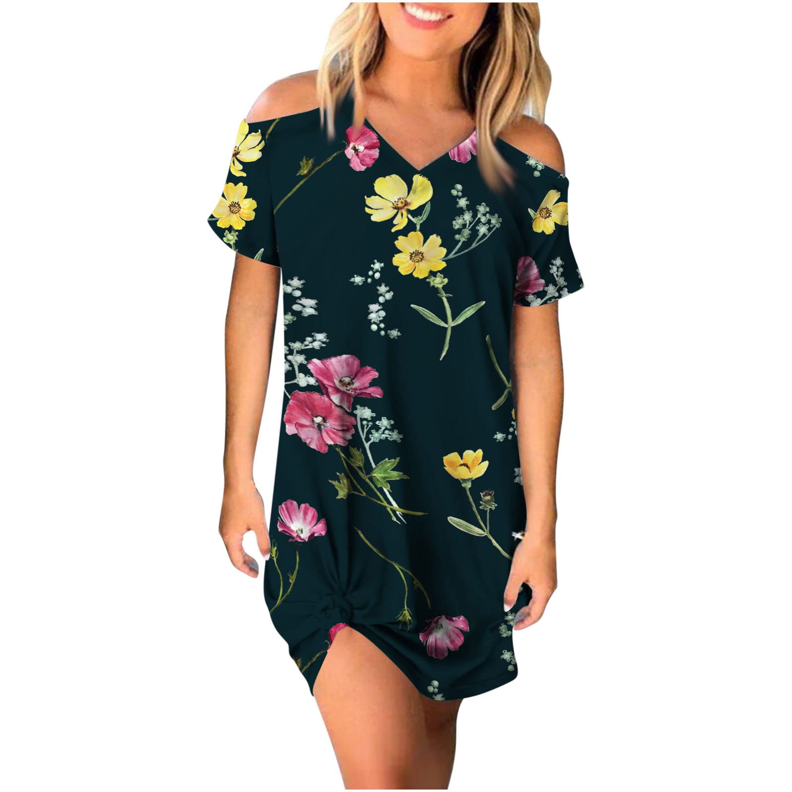 Women's Floral Off Shoulder Knit Mini Dress - Summer Casual V-Neck Short Sleeve Jacquard Dress for Beach Vacation, Date Night & Outdoor Parties
