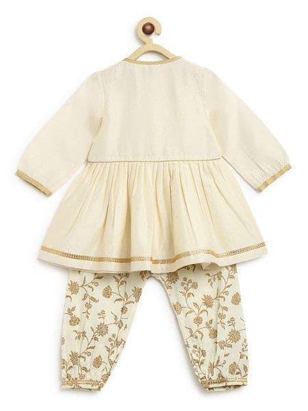 Girls Angrakha Set with Bow Hairclip - Gold Print Cream Outfit for Festivals & Special Occasions