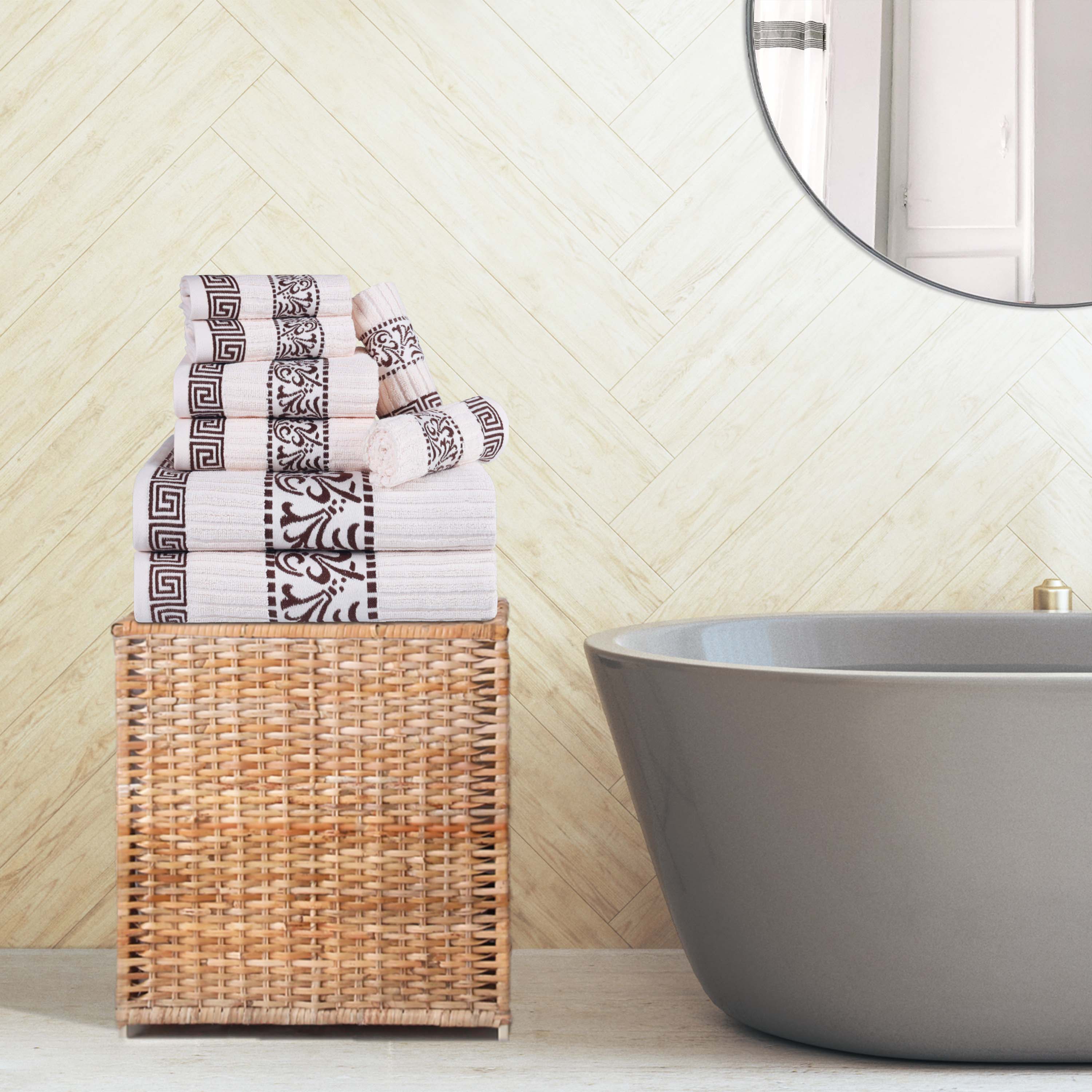 Premium 8-Piece Cotton Towel Set with Greek Scroll & Floral Design - Soft Bath Towels, Hand Towels & Washcloths - Perfect for Bathroom, Spa & Luxury Home Decor