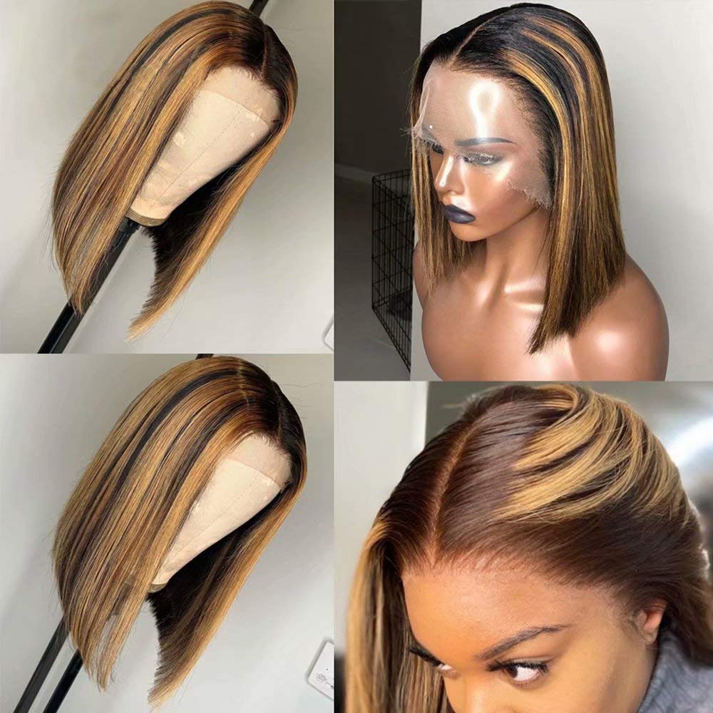 13x4 Lace Front Human Hair Wig - Ombre Brown Honey Blonde Short Bob | Brazilian Remy Virgin Hair 150 Density 8 Inch | Pre Plucked Natural Hairline with Baby Hair | Perfect for Daily Wear, Cosplay & Special Occasions