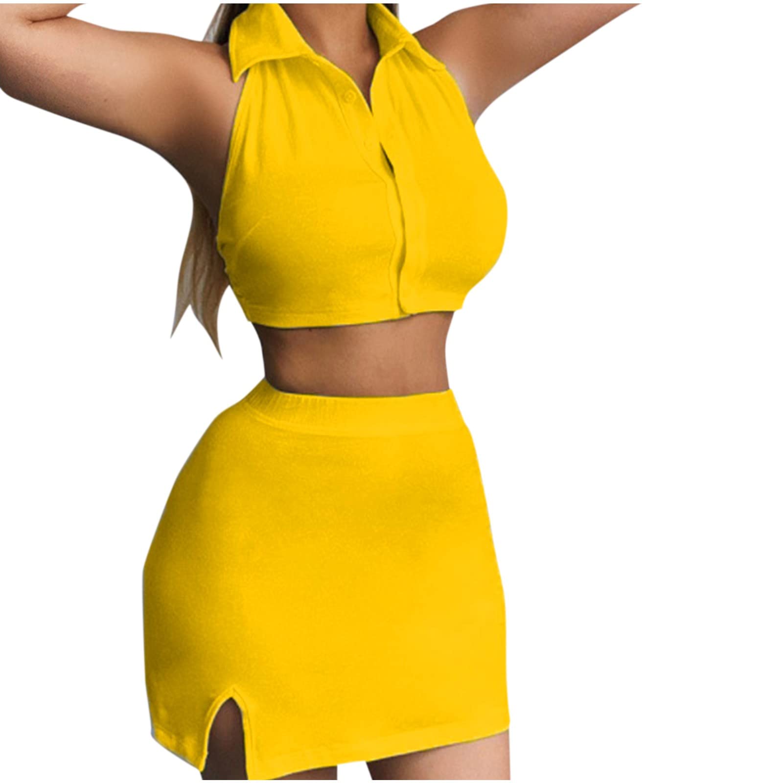 Women's Slimming Swimwear Set - Lapel Sleeveless Top & High-Waisted Skirt Two Piece Bathing Suit for Beach, Pool & Vacation | Solid Color Swim Shorts Outfit