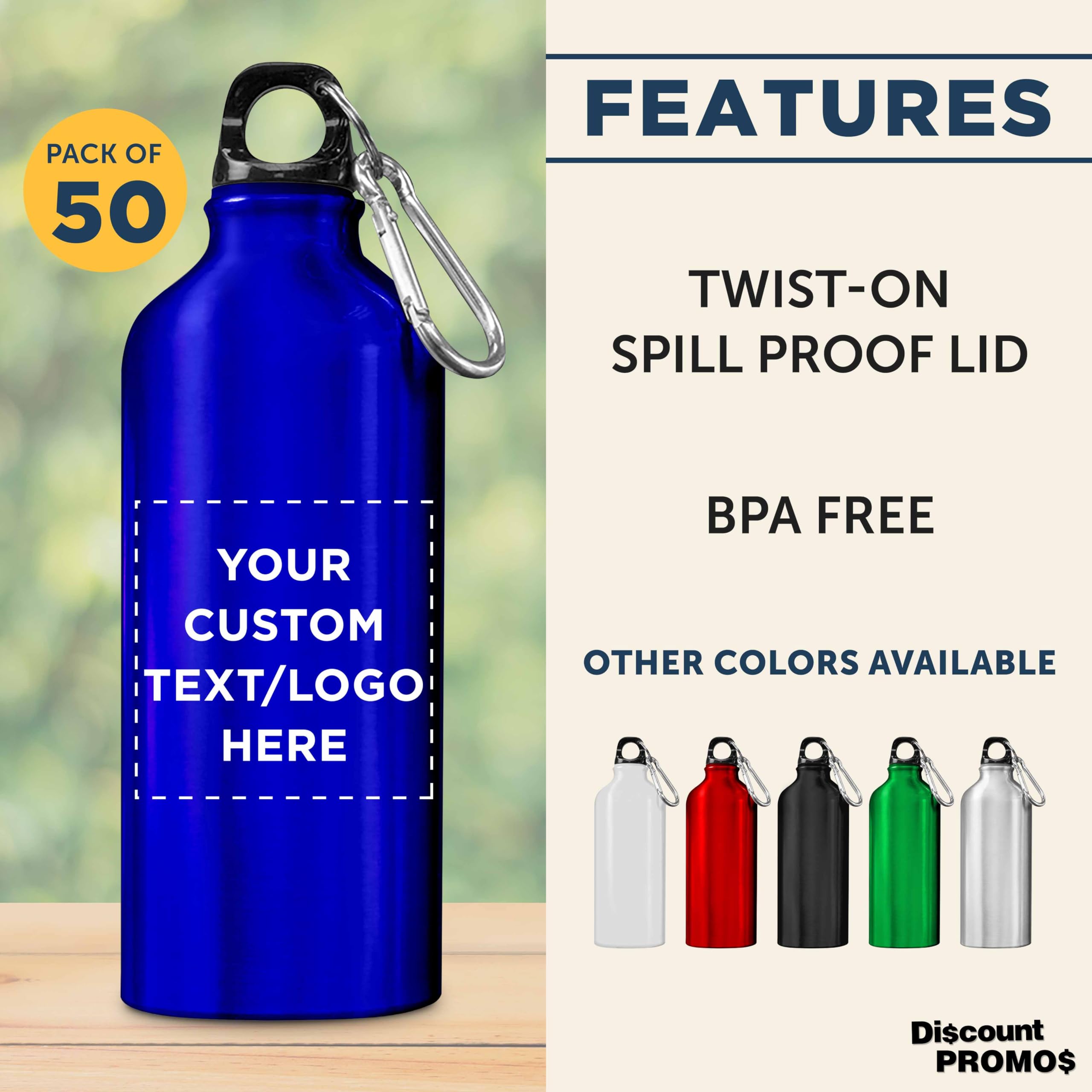 Customized 20 oz Aluminum Water Bottles Bulk Pack of 50 - Personalized Reusable Sports Bottle for Gym, Hiking, Camping & Outdoor Activities - BPA-Free Eco-Friendly Drinkware - Great for Corporate Gifts, Team Events & Promotions (Blue)