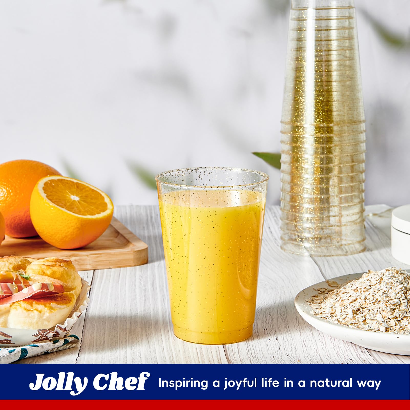 JOLLY CHEF 100 Pack 12 oz Gold Plastic Cups - Heavy Duty Disposable Party Cups for Weddings, Thanksgiving, Christmas & Events - Elegant Drinkware for Cocktails, Champagne, Beverages at Celebrations
