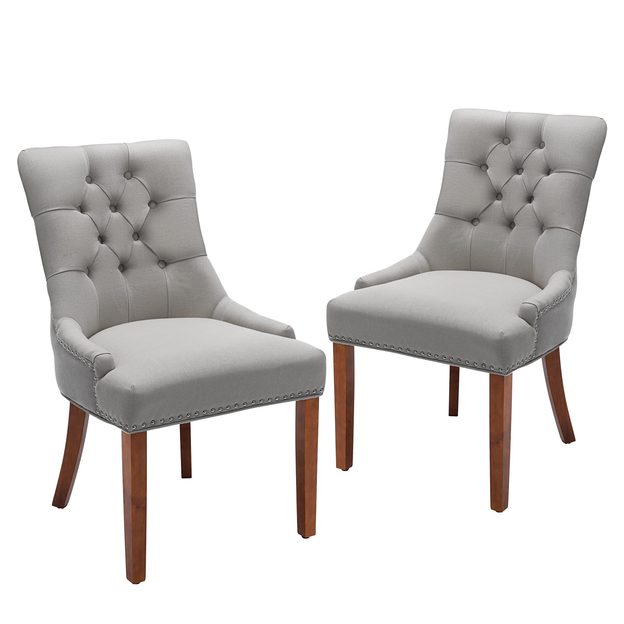 Set of 2 Modern Fabric Dining Chairs - Comfortable Upholstered Kitchen Chairs with Steel Pull Ring & Brown Rubber Wood Legs, Grey - Perfect for Dining Room, Kitchen, Breakfast Nook & Small Spaces