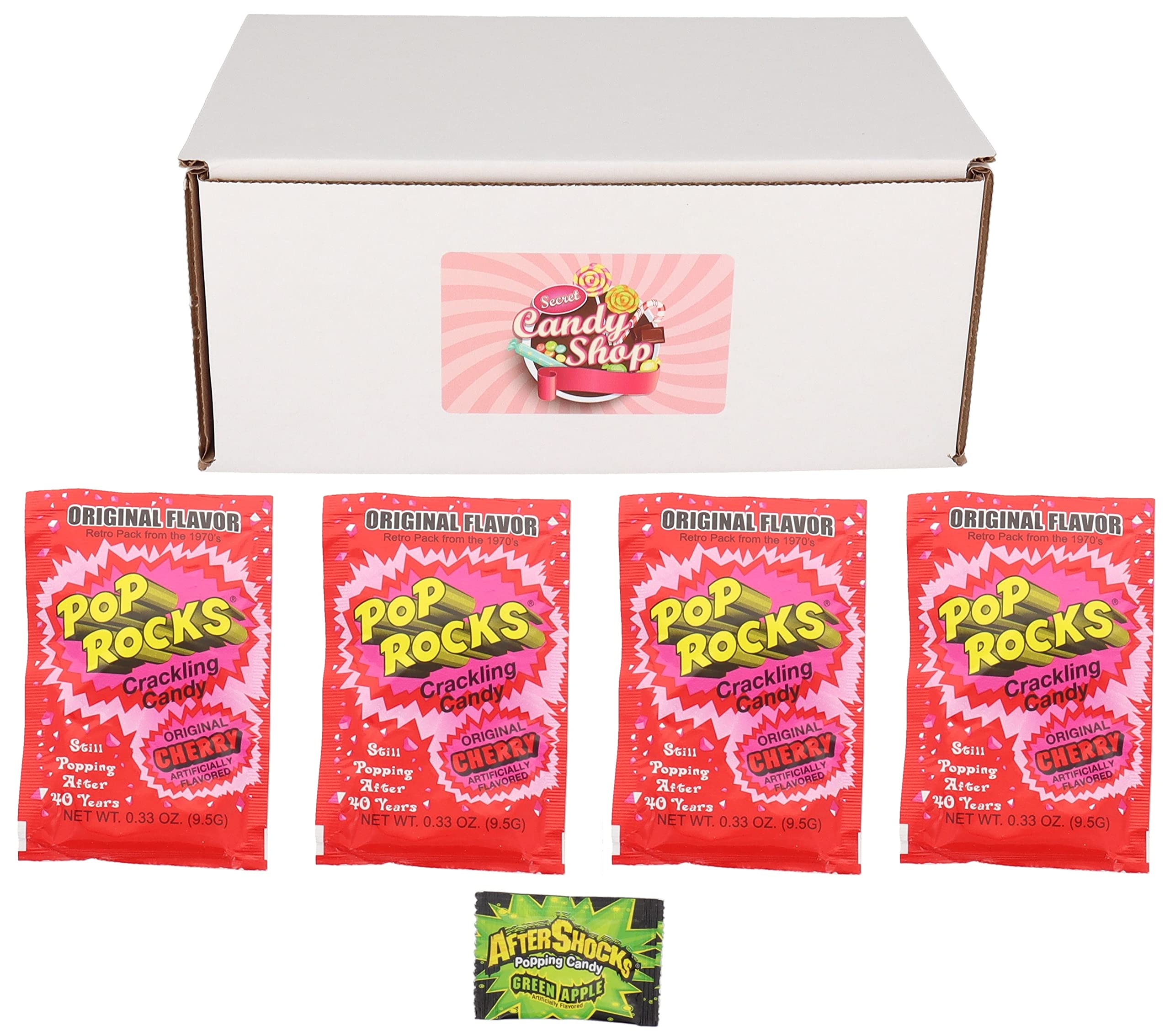 SECRET CANDY SHOP Pop Rocks Popping Candy - 4 Pack with Free After Shocks (Cherry) - Fun Party Favors & Unique Gifts for Kids & Adults