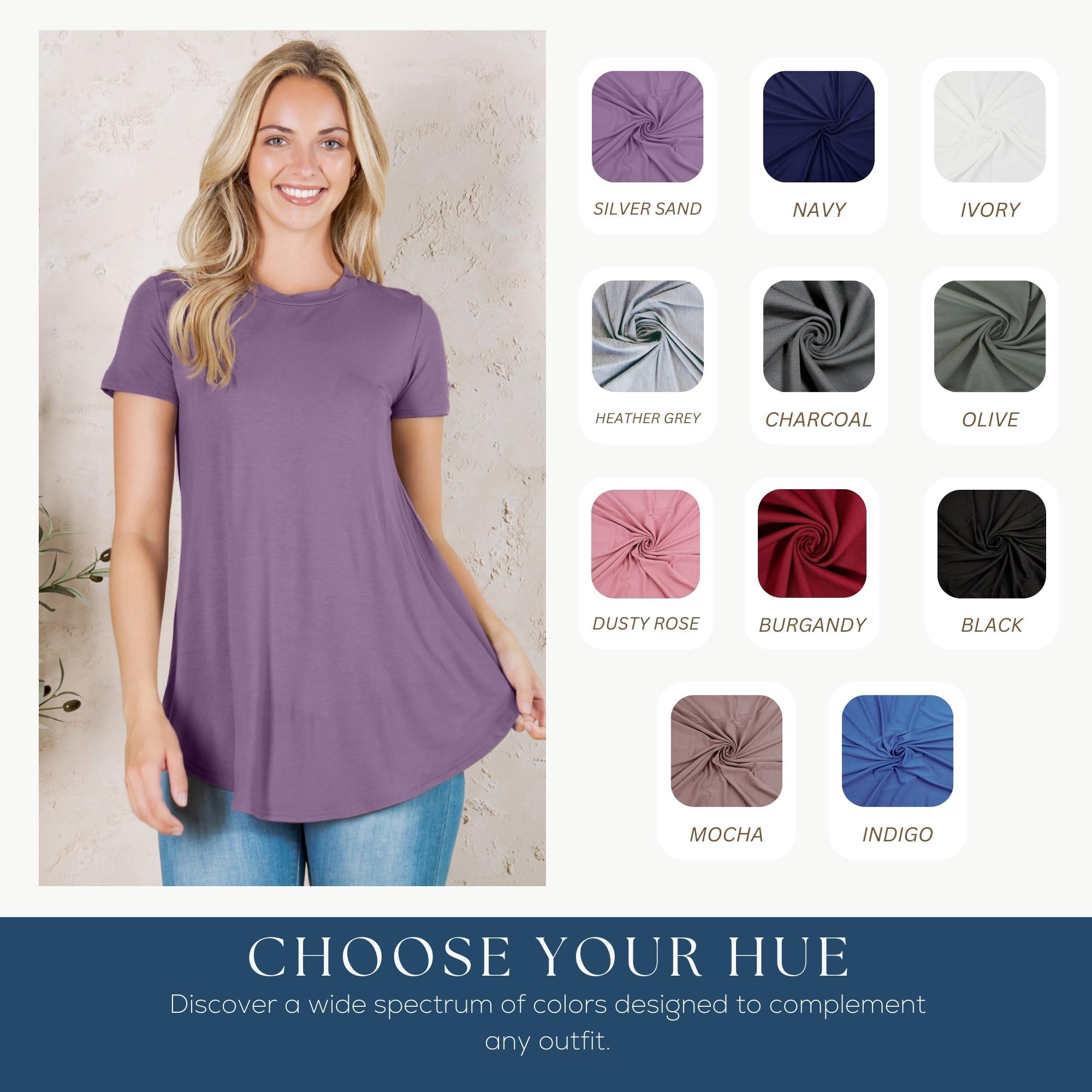 Azules Women's Short Sleeve Tunic Tops - Flowy Scoop Neck Blouse for Leggings | Casual & Dressy Outfits for Work, Weekend & Date Night