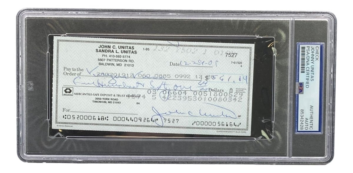 Johnny Unitas Baltimore Colts Autographed Signed Bank Check #7527 PSA Certified - Rare Football Memorabilia for Collectors & Sports Fans Display