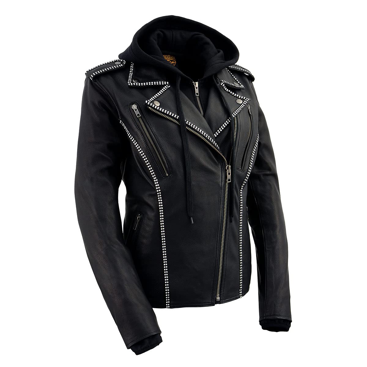 Milwaukee Leather MLL2503 Women's Black Bedazzled Leather Moto Jacket with Hood - Stylish Biker Jacket for Riding & Fashion Outfits
