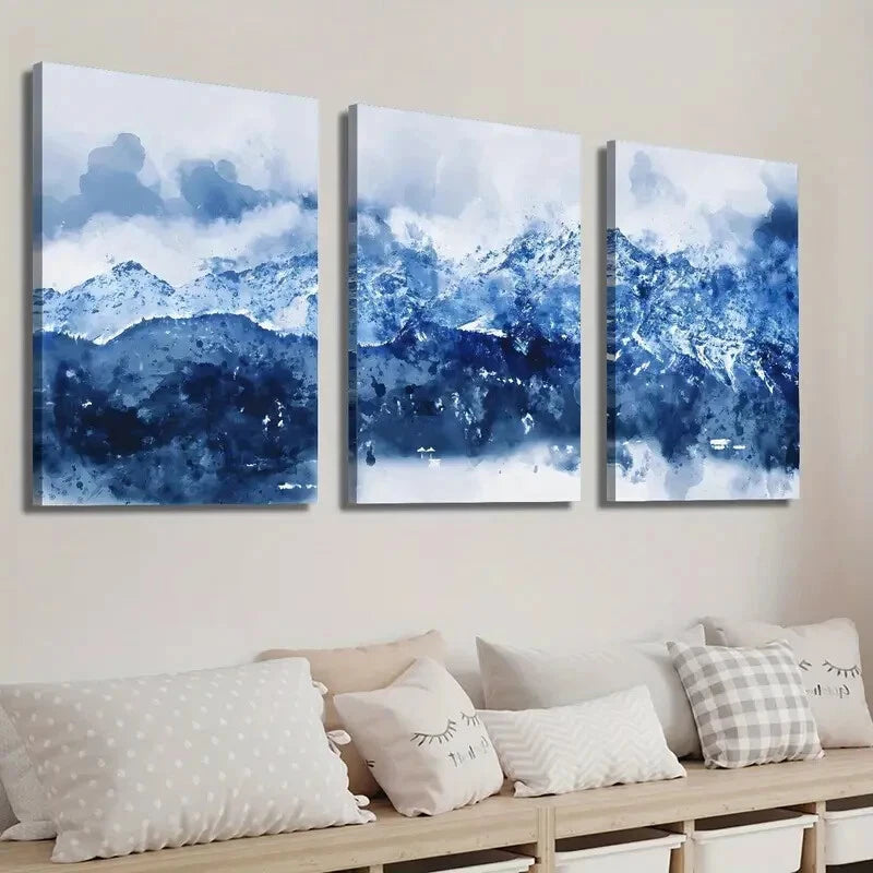 3-Piece Abstract Blue White Navy Blue Mountains Wall Art Set - Framed Canvas 40x60cm | High Quality Print | 100% Australian Made | Ready to Hang | Perfect for Living Room, Bedroom & Office Decor