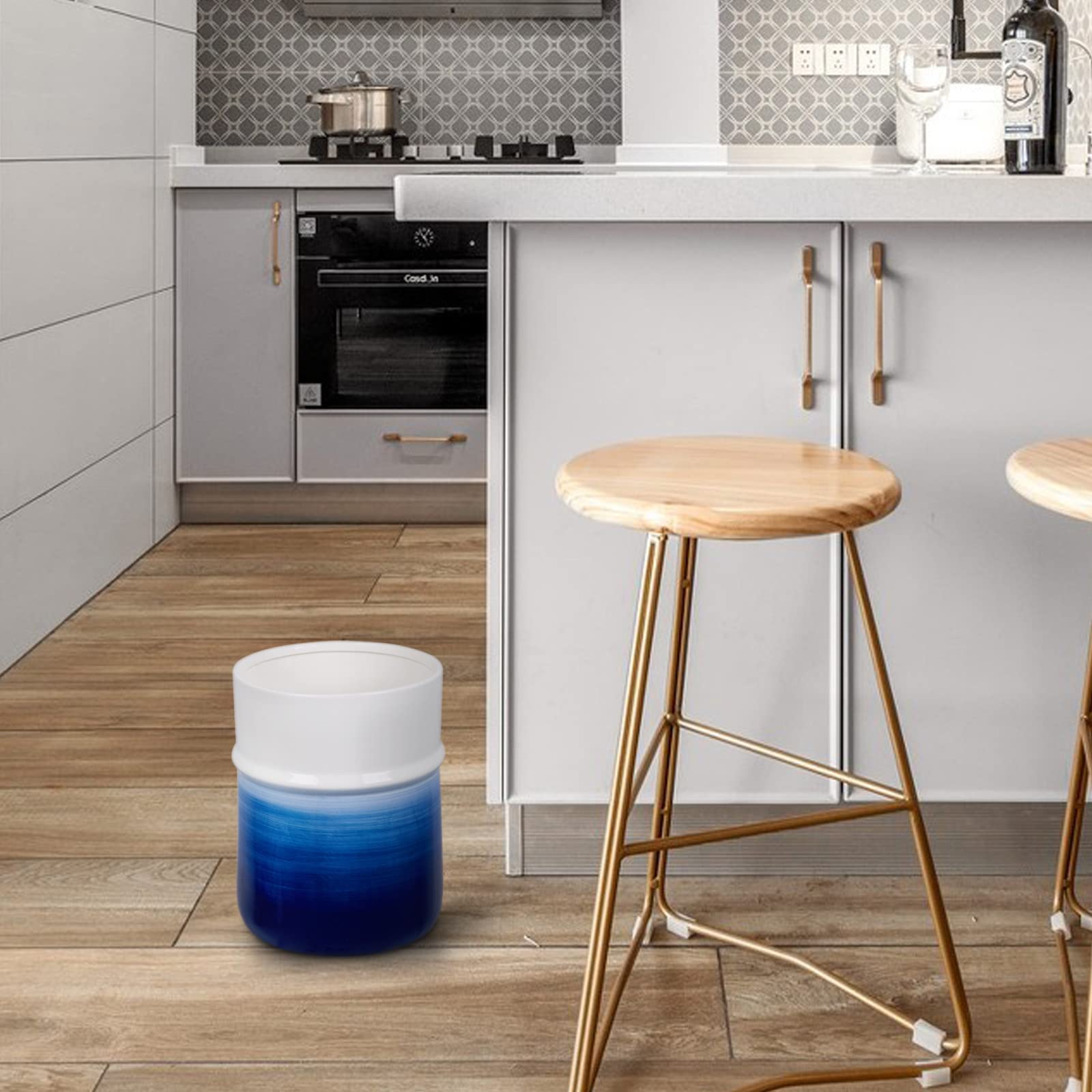 Navy Blue Bathroom Trash Can - Hand Painted Round Small Wastebasket for Bathroom, Powder Room, Kitchen & Home Office - Decorative Garbage Bin for Home Decor & Organization