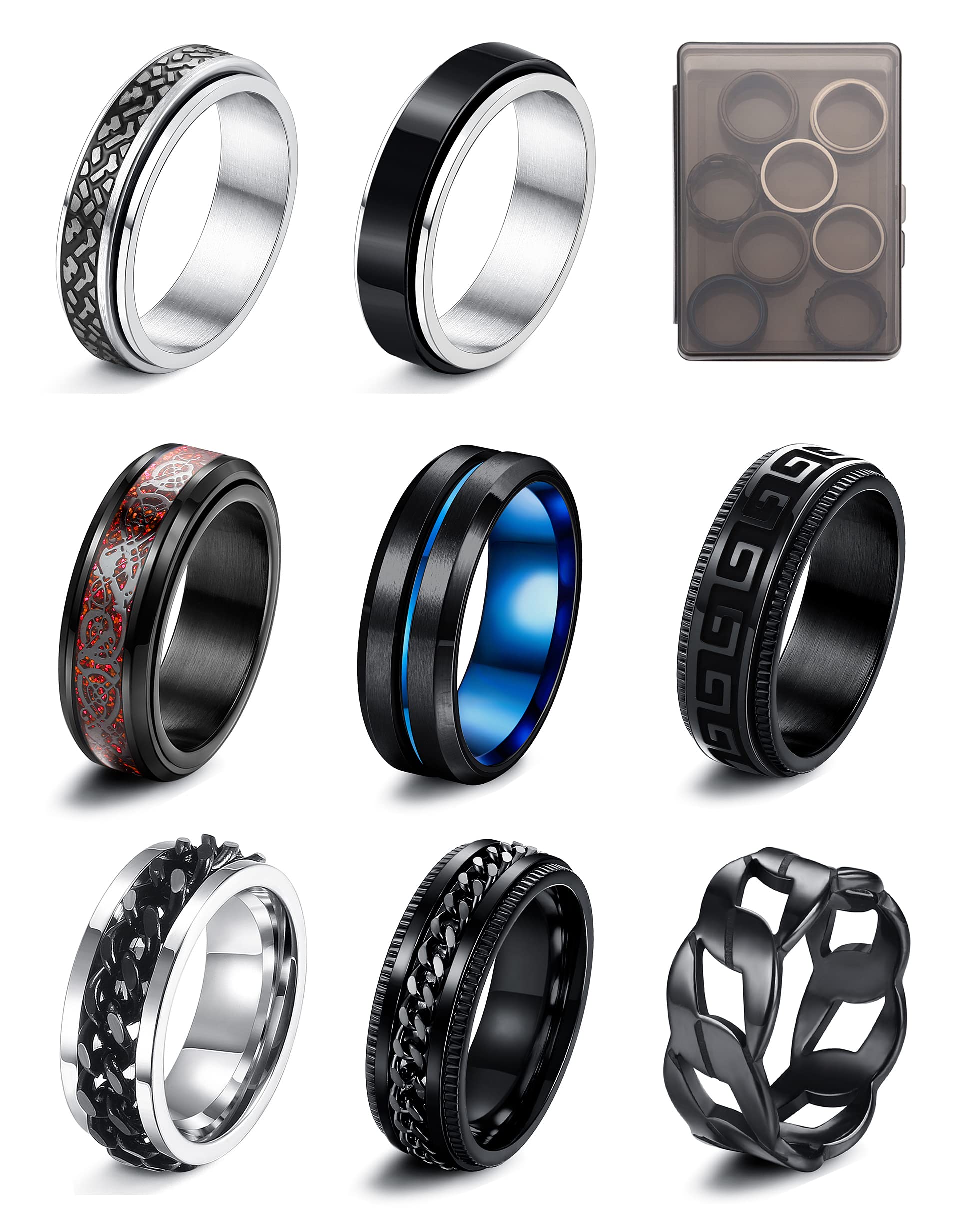 LOLIAS 8Pcs Silver Black Fidget Rings for Anxiety Relief - Spinning Rings for Stress & Focus - Trendy Band Rings for Men & Women - Perfect for Office, School, Travel & Everyday Wear