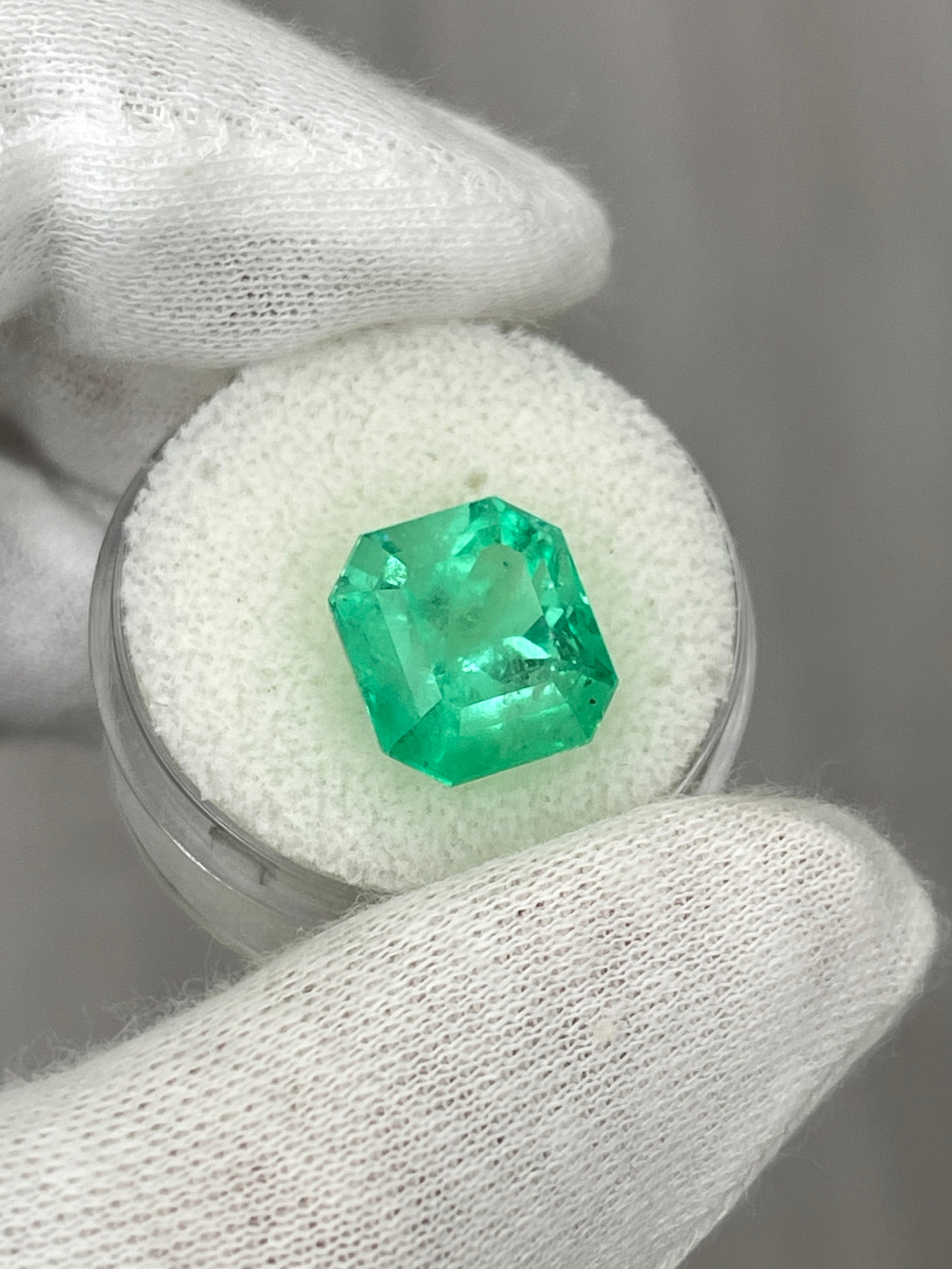 7.76 Carat 12x11mm Yellowish Green Natural Loose Colombian Emerald Asscher Cut Gemstone for Jewelry Making, Engagement Rings & Collector's Items